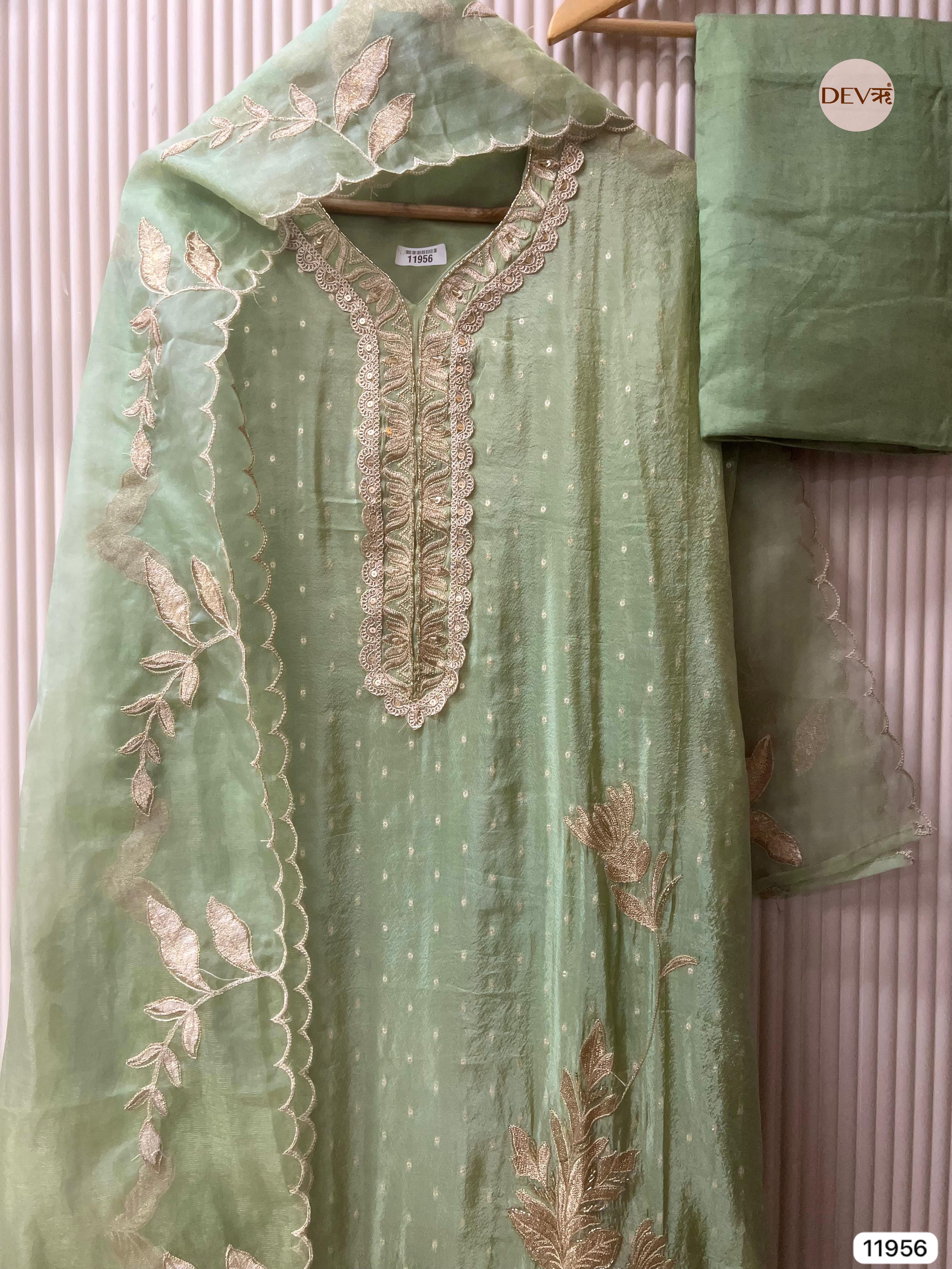 Green Tissue Silk Unstitched Banarasi Weave Embroidered -Set Of 3 - {11956}