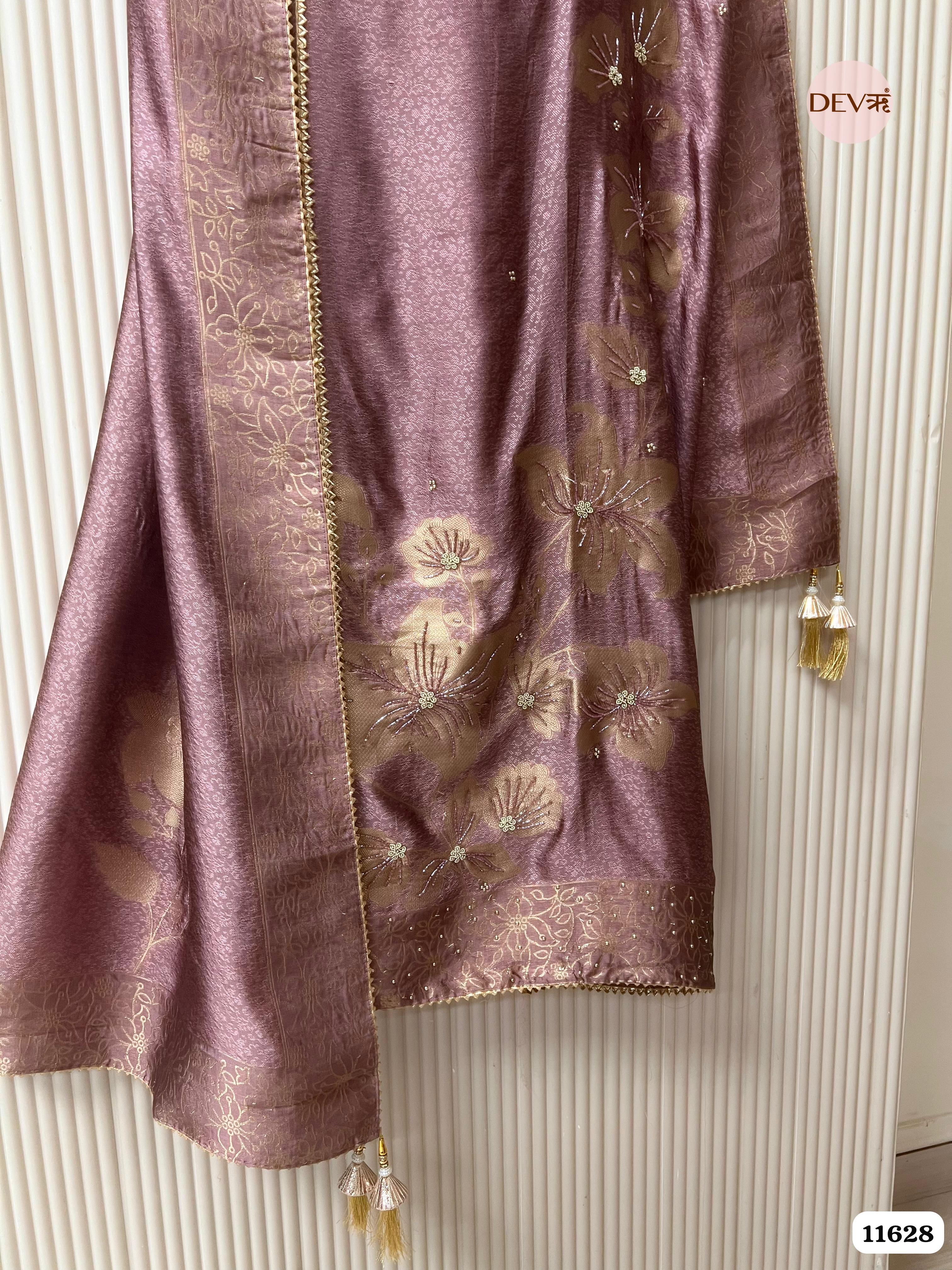 Purple Pure Dola Silk Banarasi Woven Unstitched Hand Embroidered -Set Of 3 {11628}