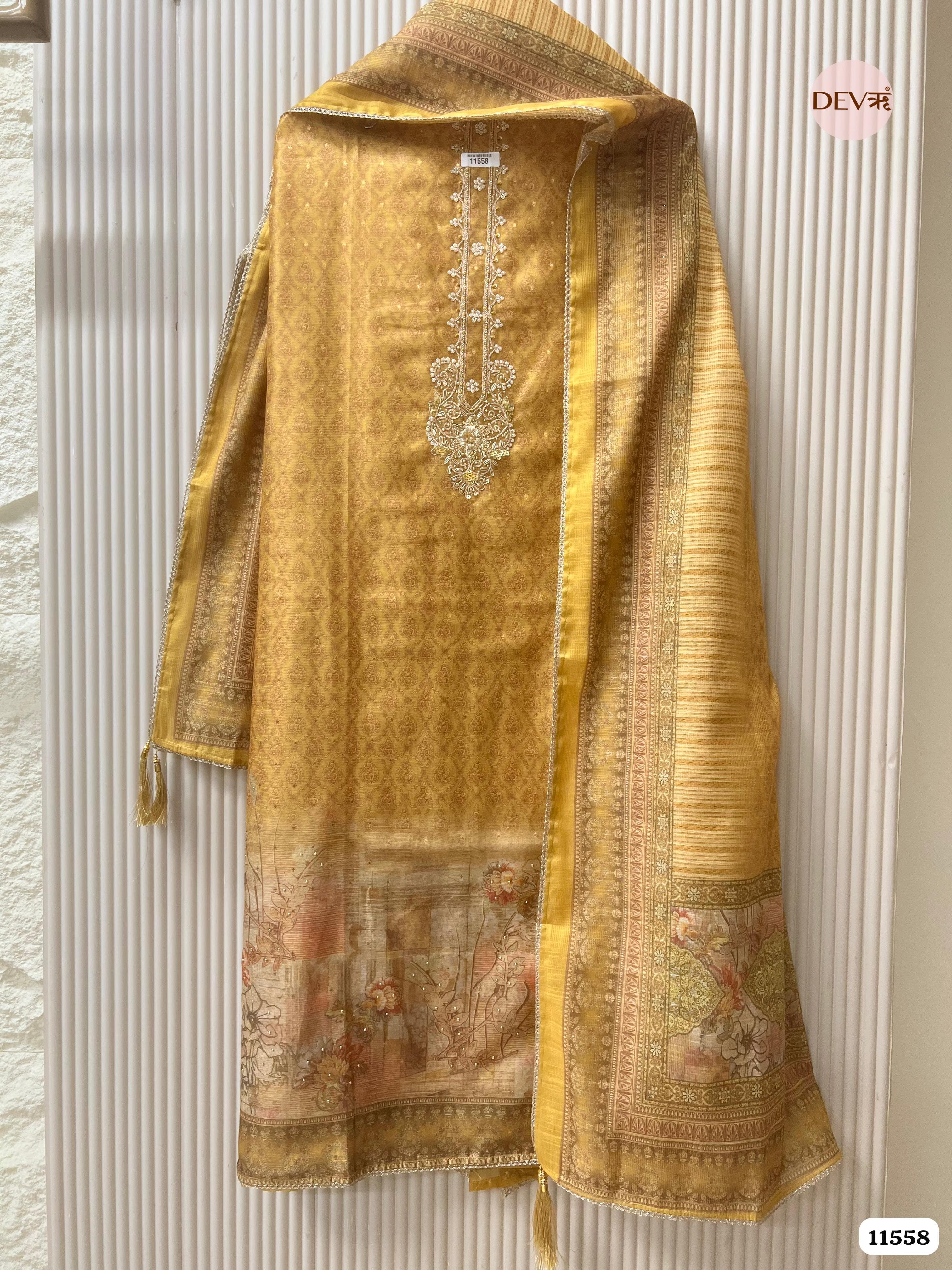 yellow/golden Pure Dola Silk Unstitched Printed Hand Embroidered -Set Of 3 {11558}