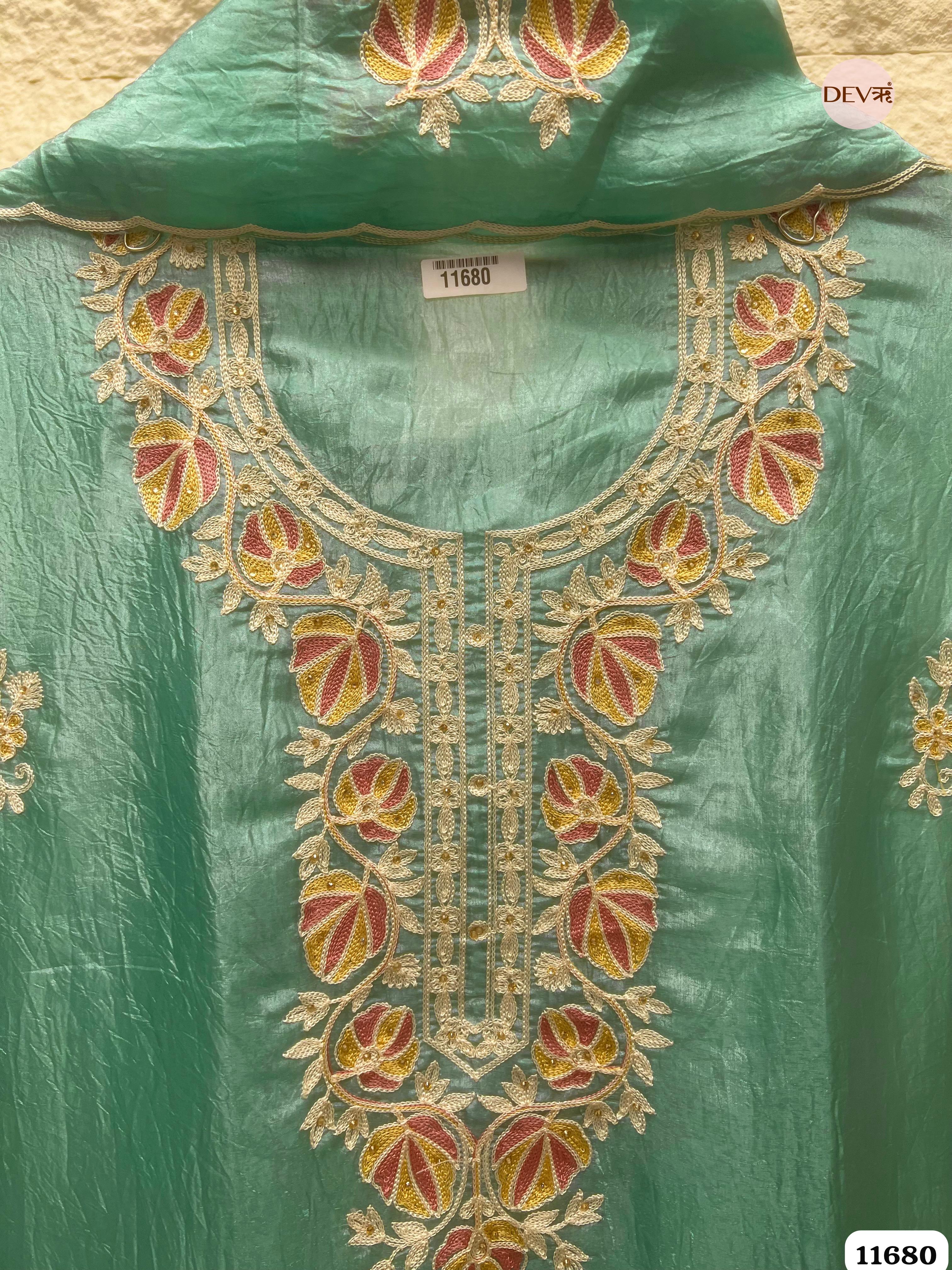Green Tissue Crush Silk Unstitched Embroidered -Set Of 3 {11680}