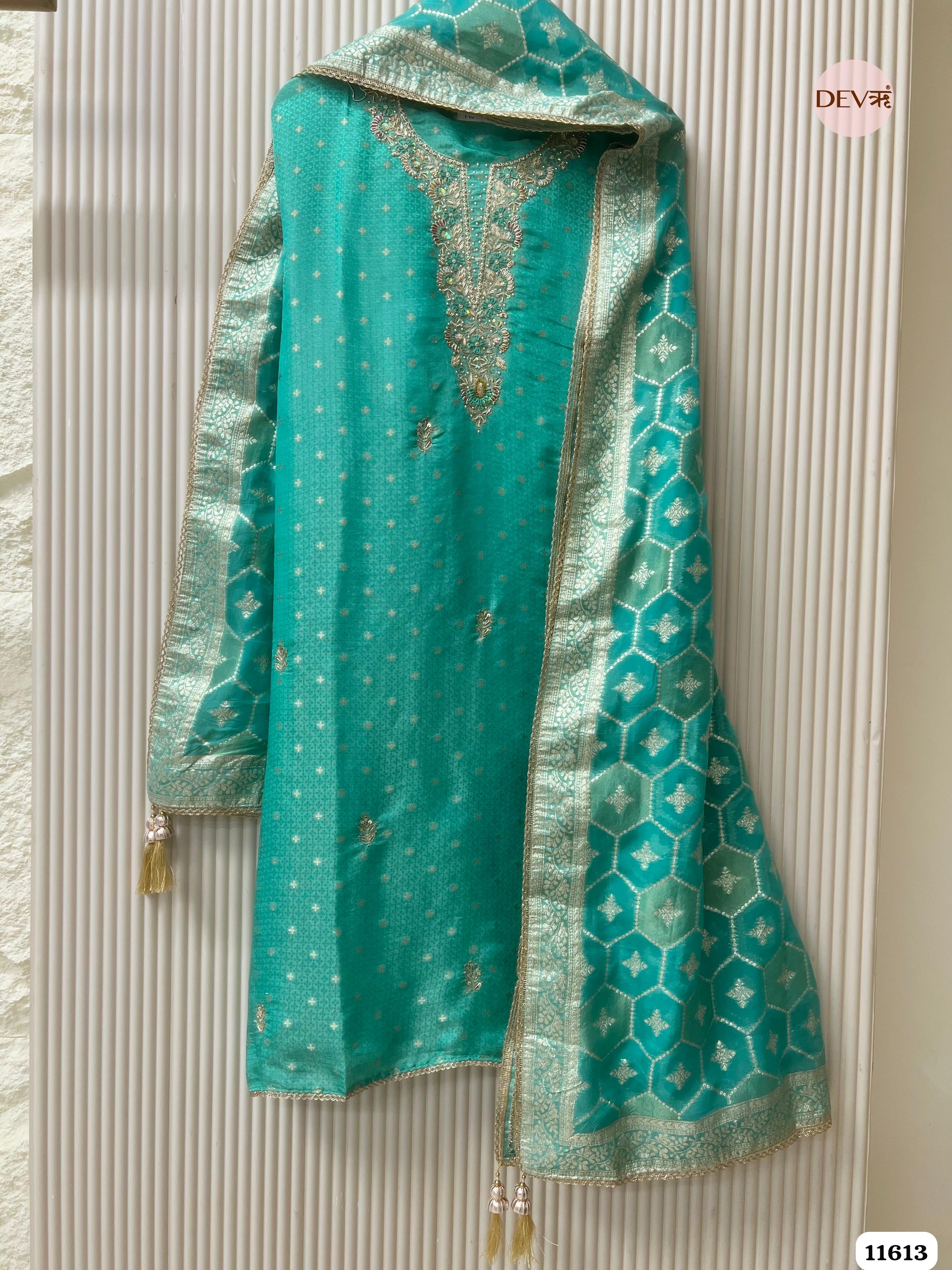 Green Pure Tissue Banarasi Silk Unstitched Hand Embroidered -Set Of 3 {11613}