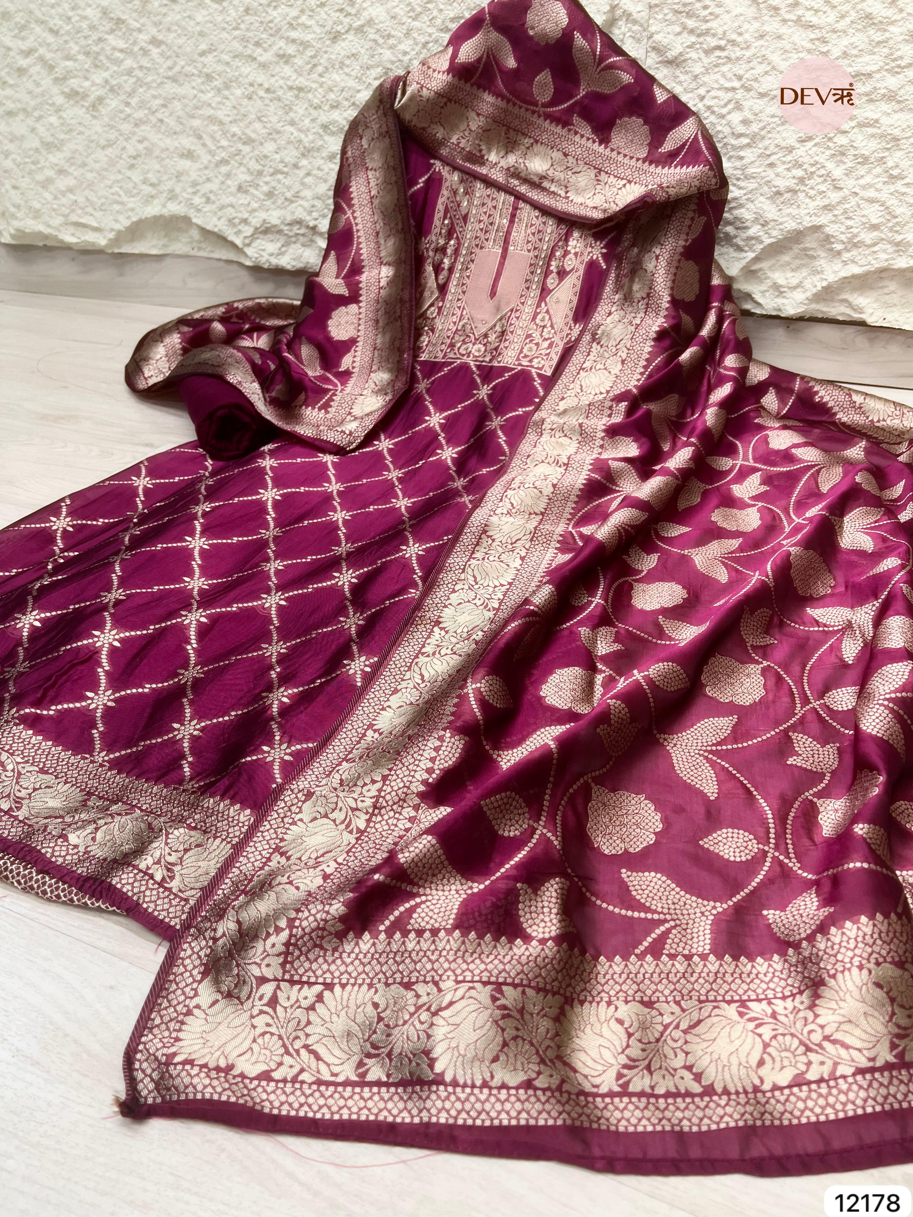 Magenta Pink Pure Banarasi Silk Unstitched Hand Embroidered-Set of 3 - {12178}