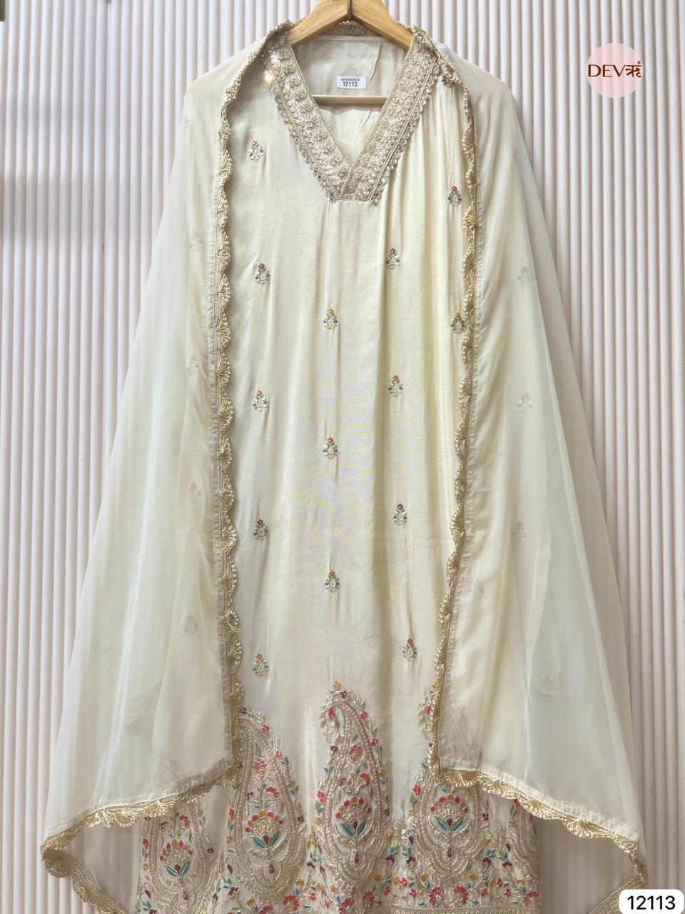 Ivory Tissue Shimmer Silk Embroidered Unstitched 3-Piece Suit (Devri – D.No 12113)