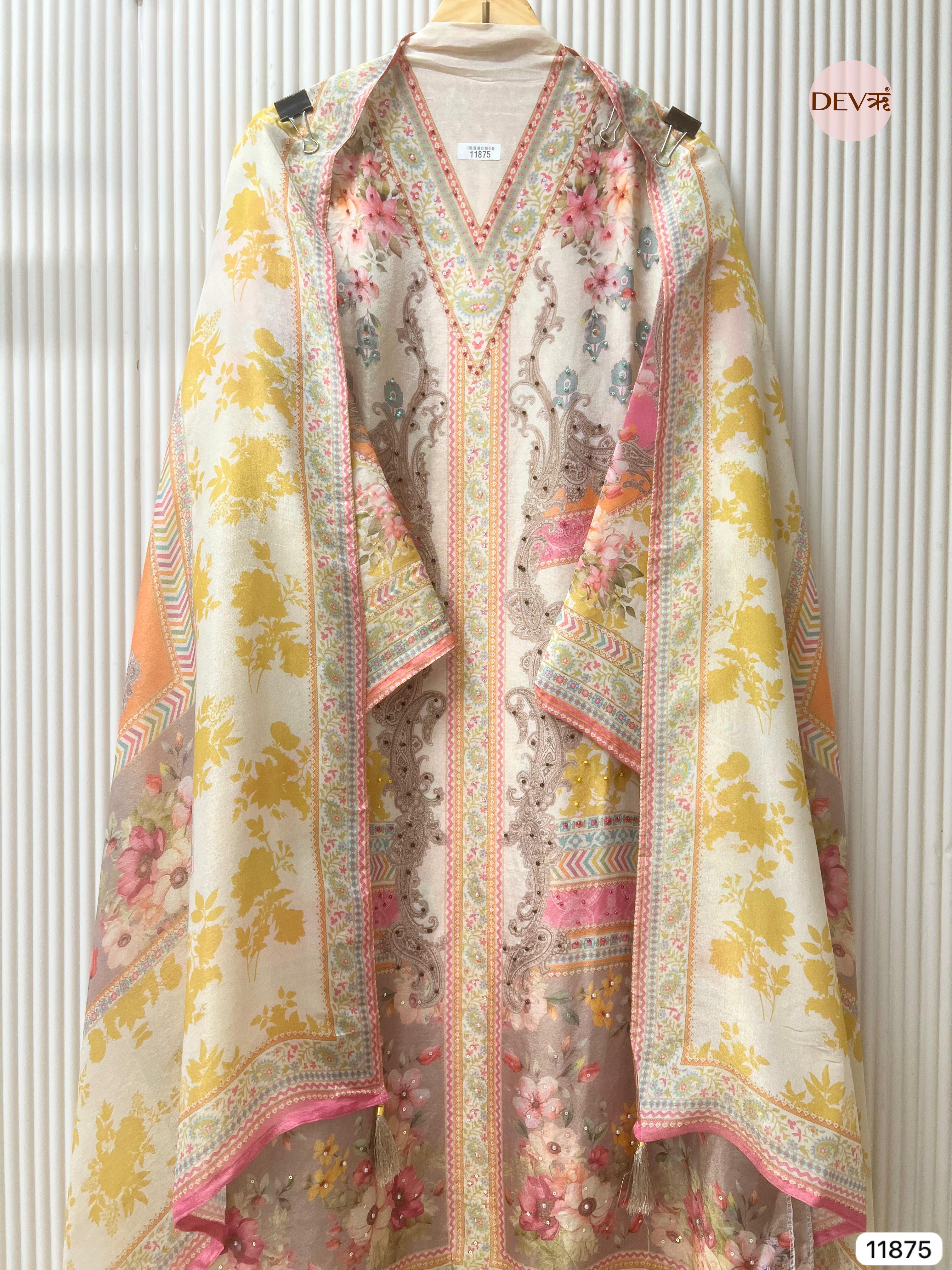 Multi Colour Tissue Shimmer Silk Semi Stitched Printed Hand Embroidered -Set Of 3 - {11875}