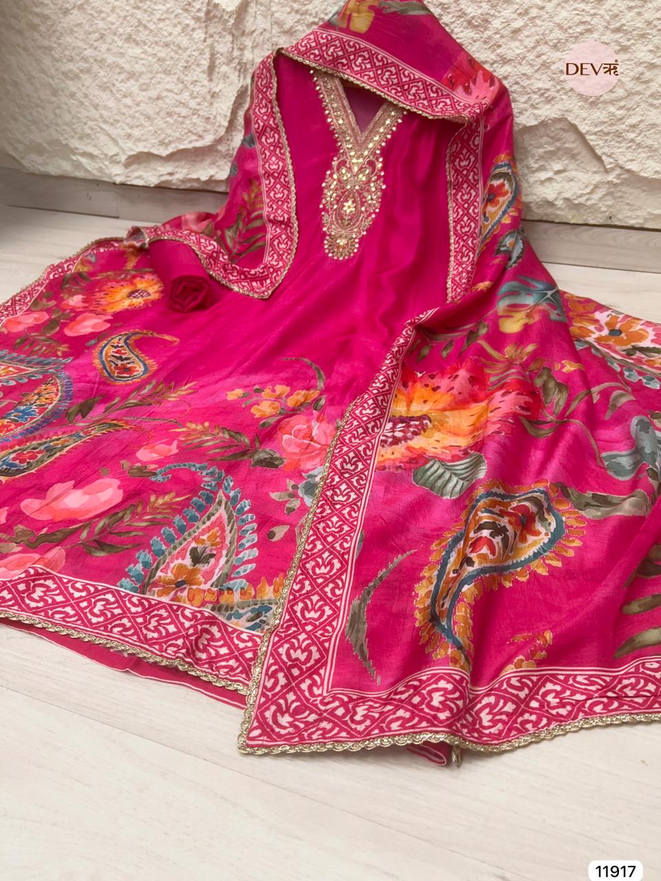 Pink Pure Russian Silk Unstitched Printed Hand Embroidered -Set Of 3 - {11917}