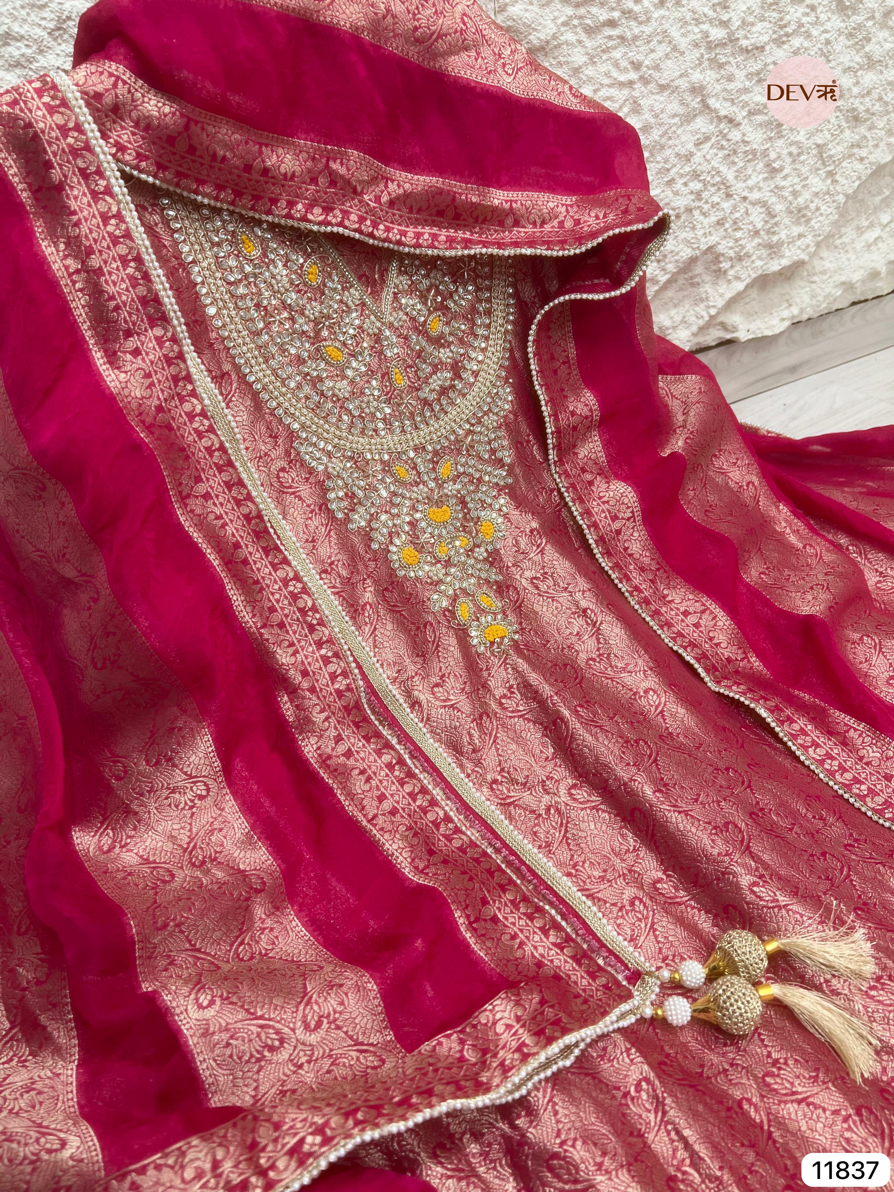 Red Pure Dola Silk Unstitched Banarasi Weave Hand Embroidered -Set Of 3- {11837}