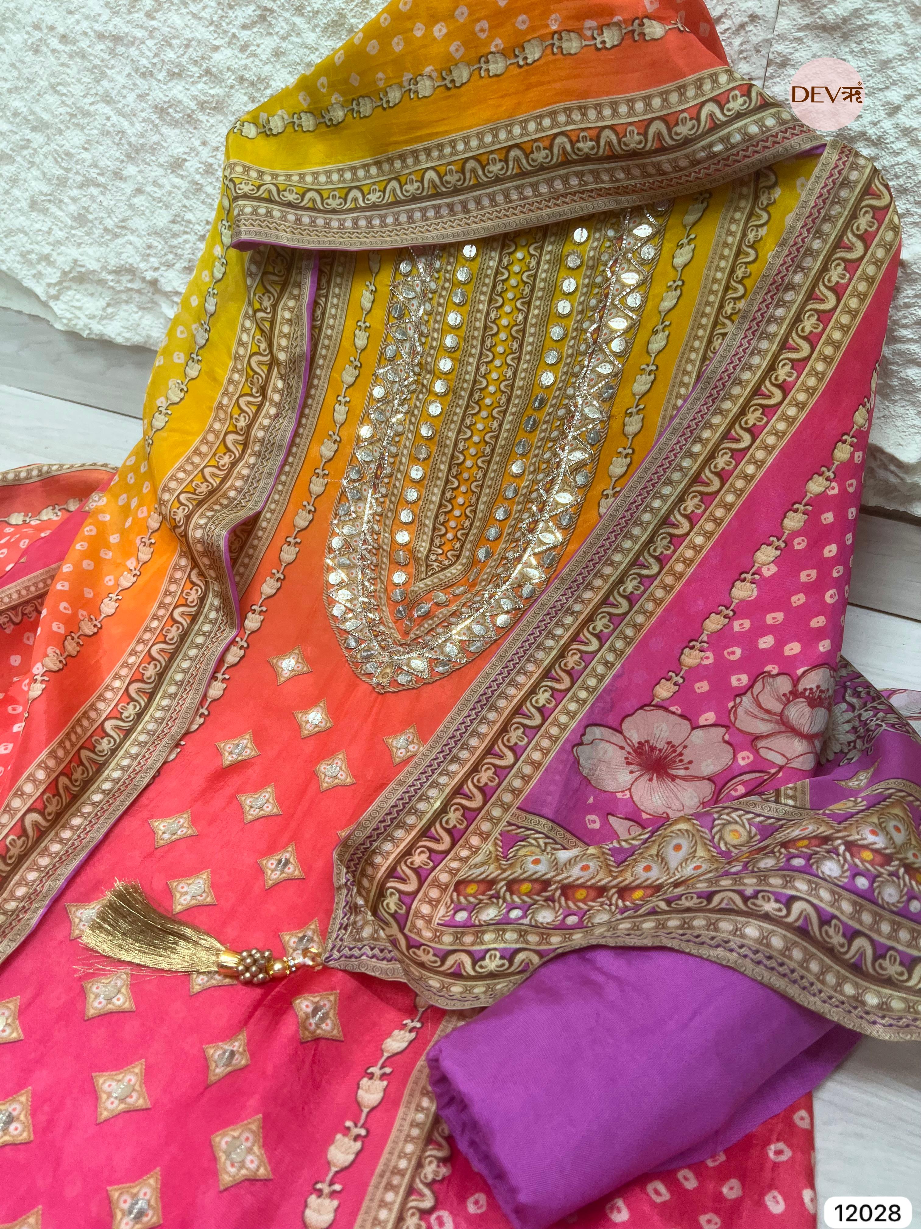 Multi Colour Glass Unstitched Printed Hand Embroidered -Set Of 3 - {12028}