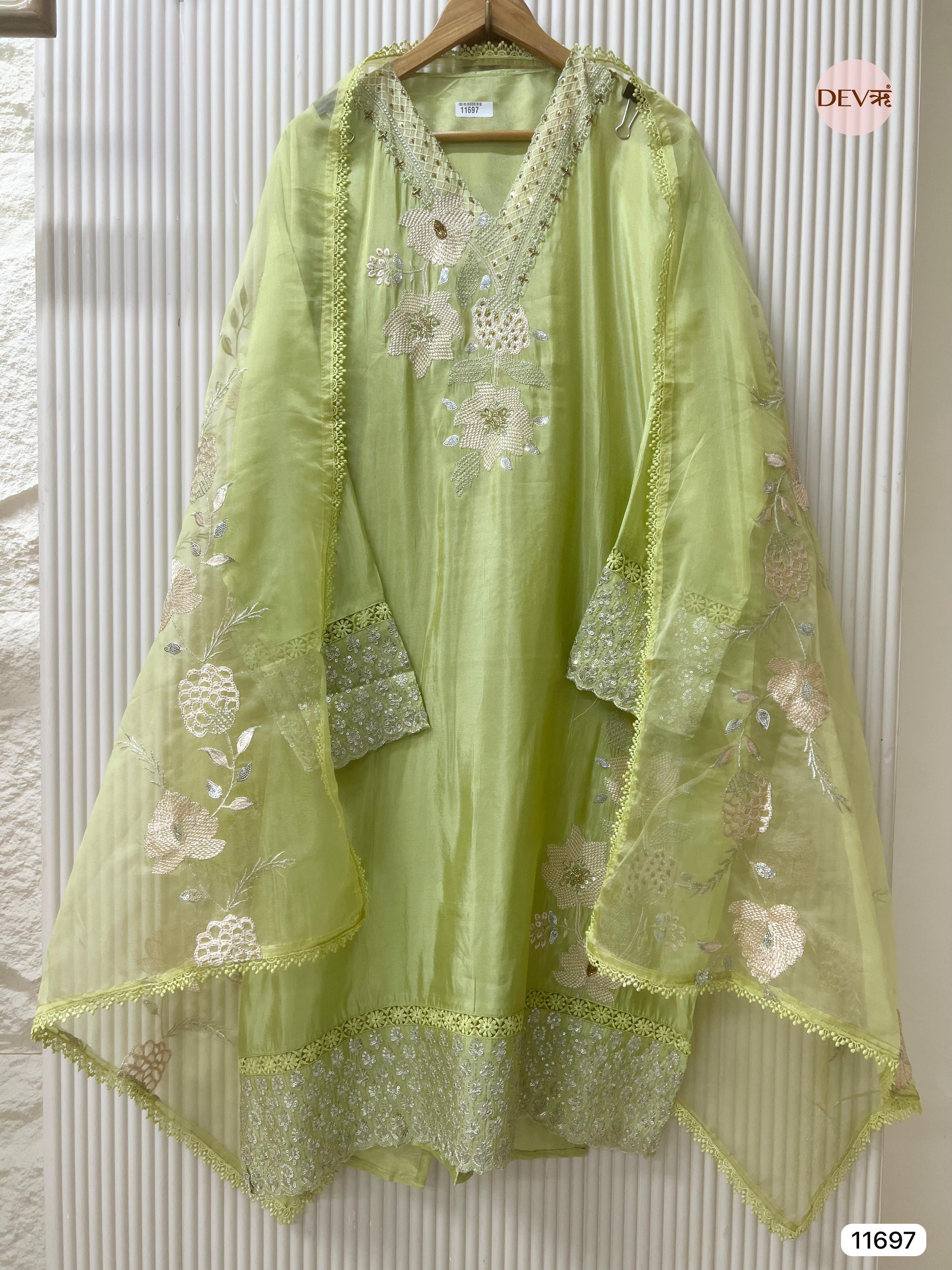 Lime Green Tissue Shimmer Silk Semi Stitched Hand Embroidered -Set Of 3 - {11697}