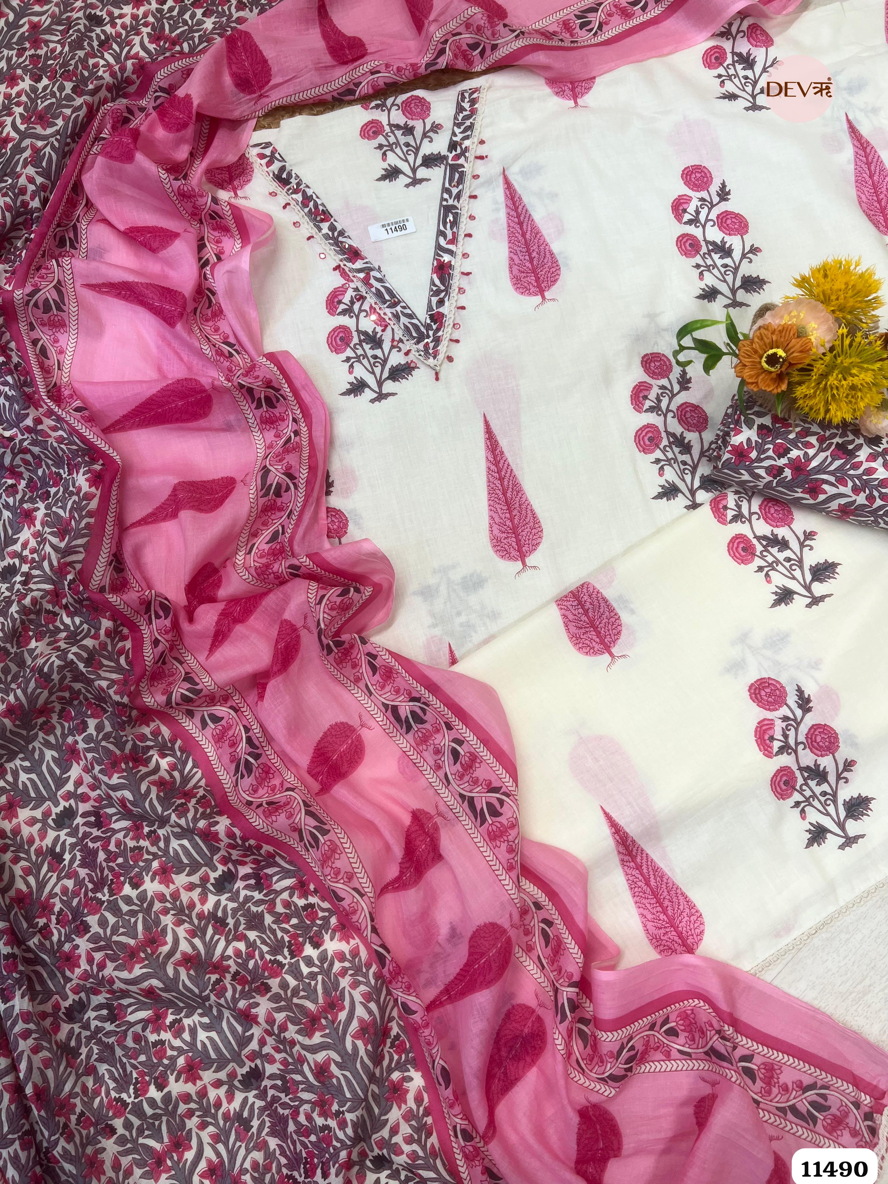 White and pink Pure Cotton Unstitched Printed Embroidered -Set Of 3 {11490}