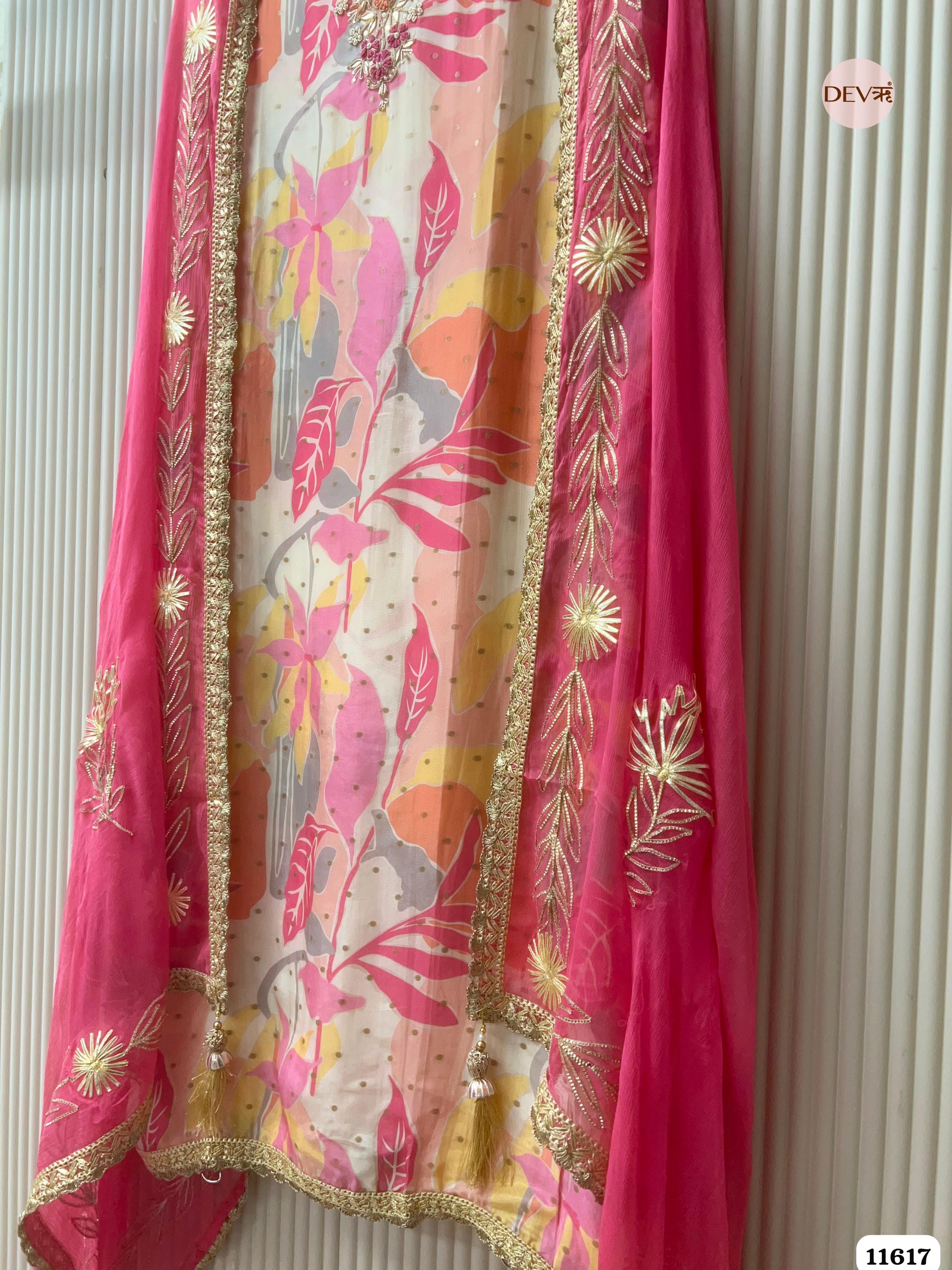 Pink Pure Silk Unstitched Printed Hand Embroidered -Set Of 3 {11617}