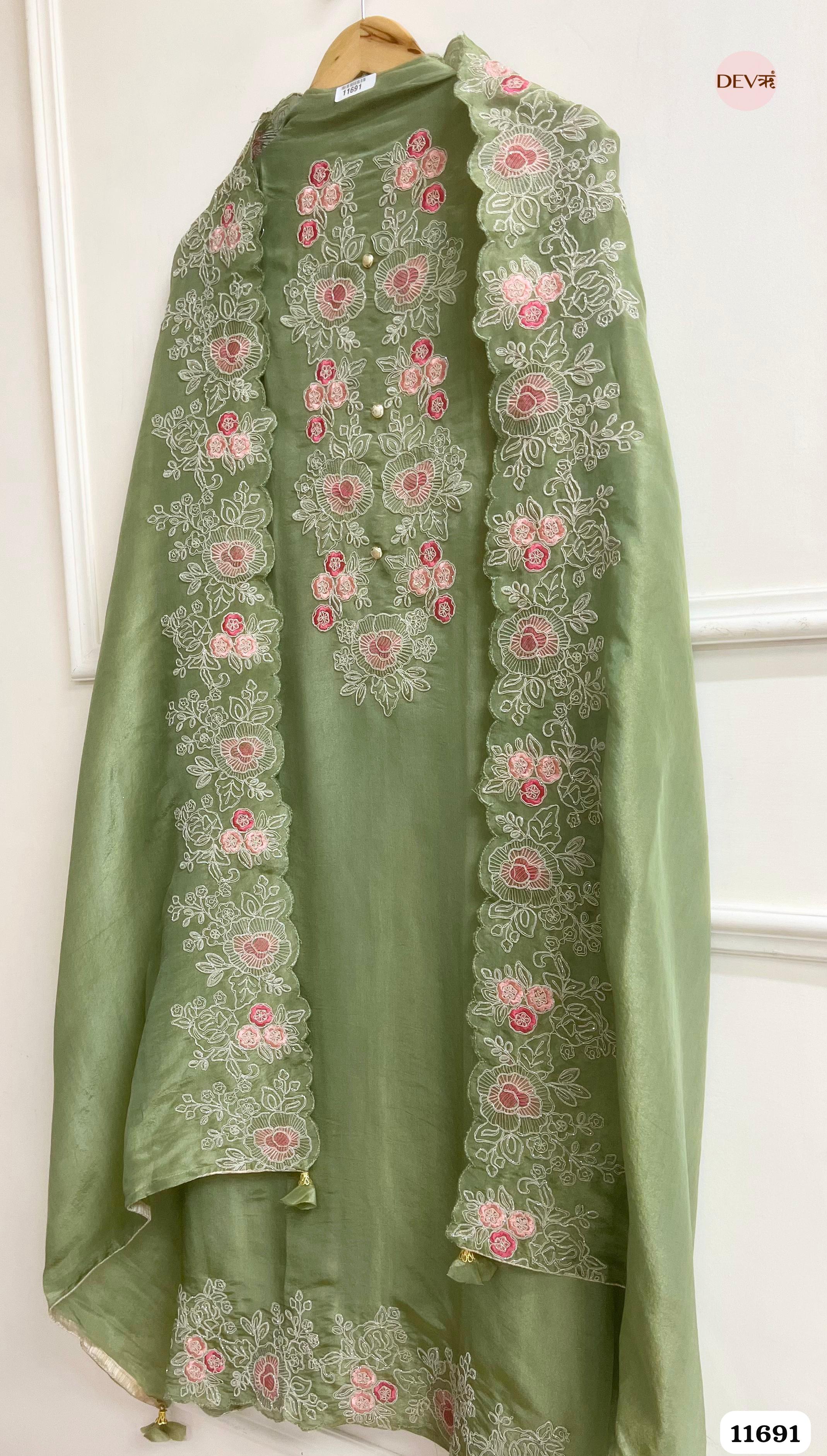Green Tissue Silk Unstitched Embroidered -Set Of 3 {11691}