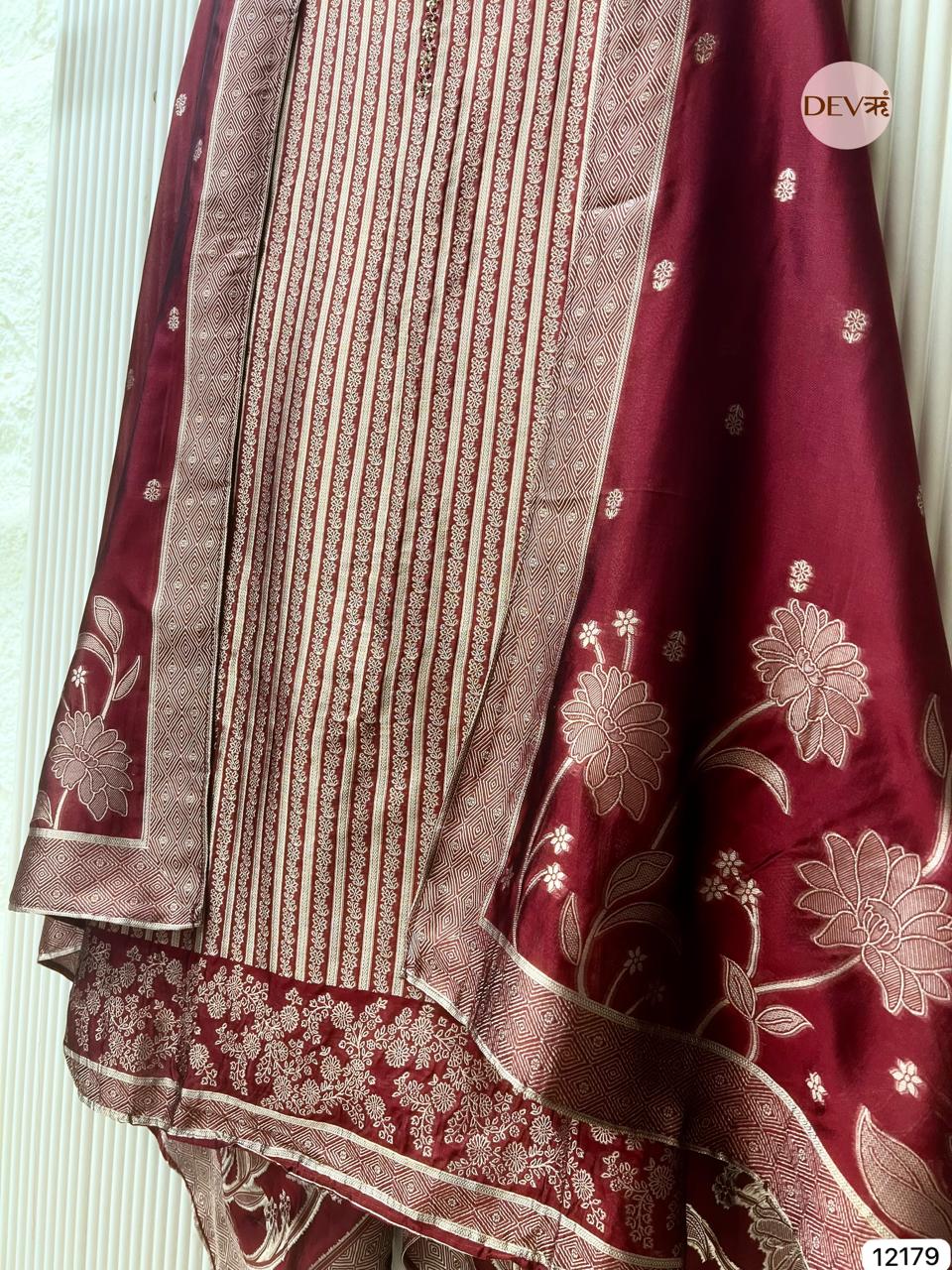 Maroon Pure Banarasi silk Unstitched Hand Embroidered -Set Of 3 - {12179}