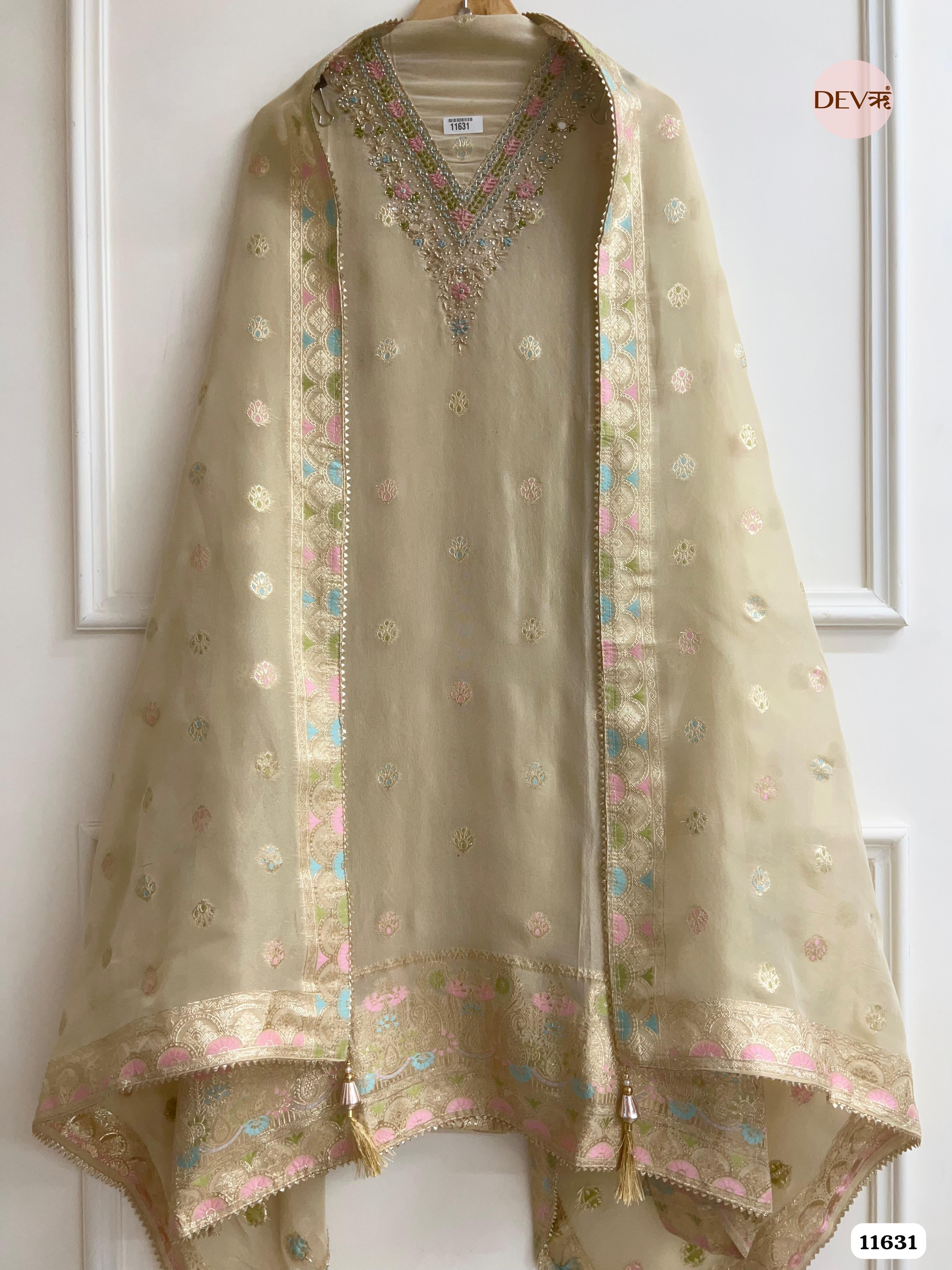 Beige Pure Organza Silk Unstitched Hand Embroidered Banarasi Weave -Set Of 3 {11631}