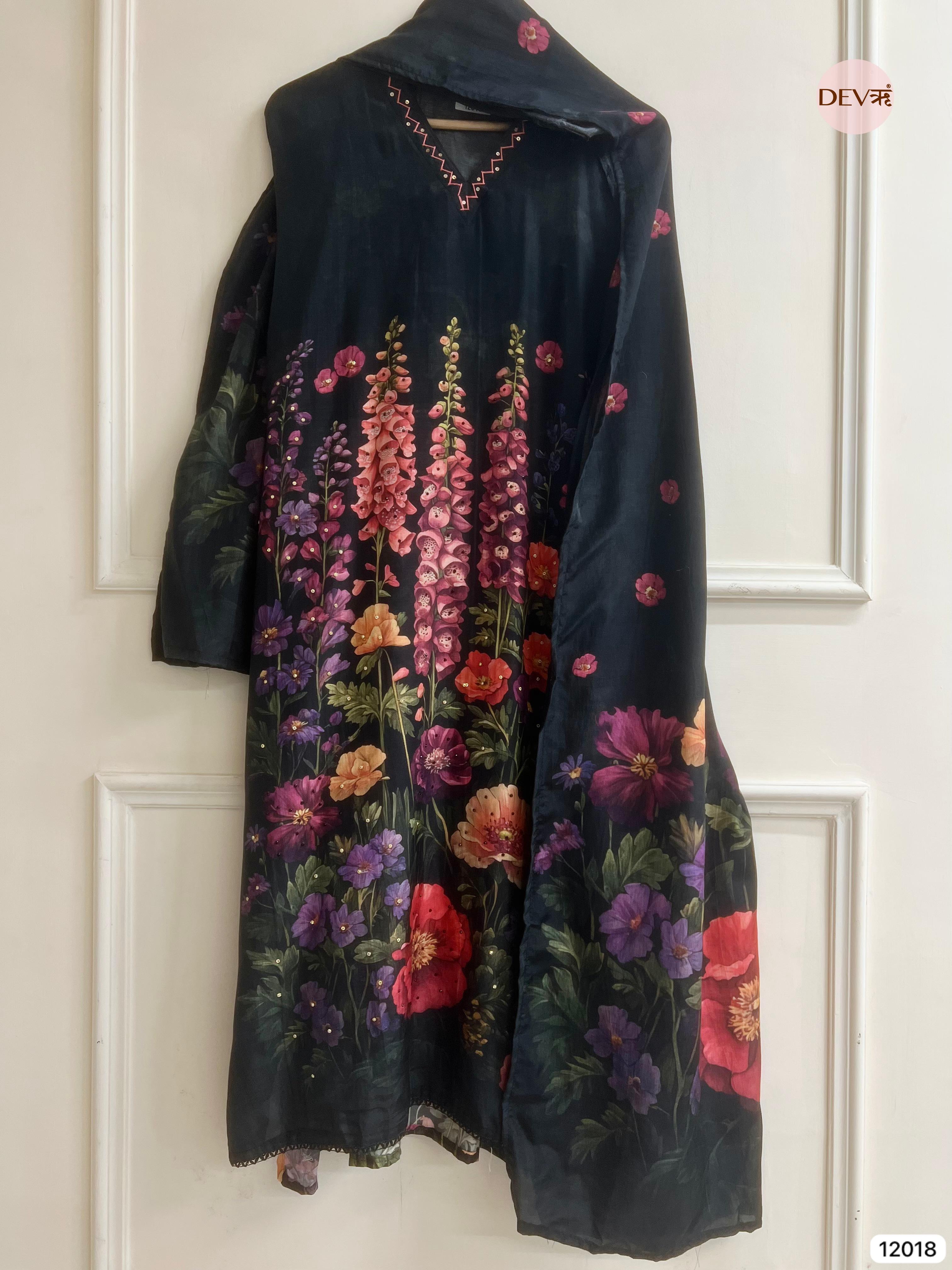 Black Muslin Semi Stitched Printed Hand Embroidered -Set Of 3 - {12018}