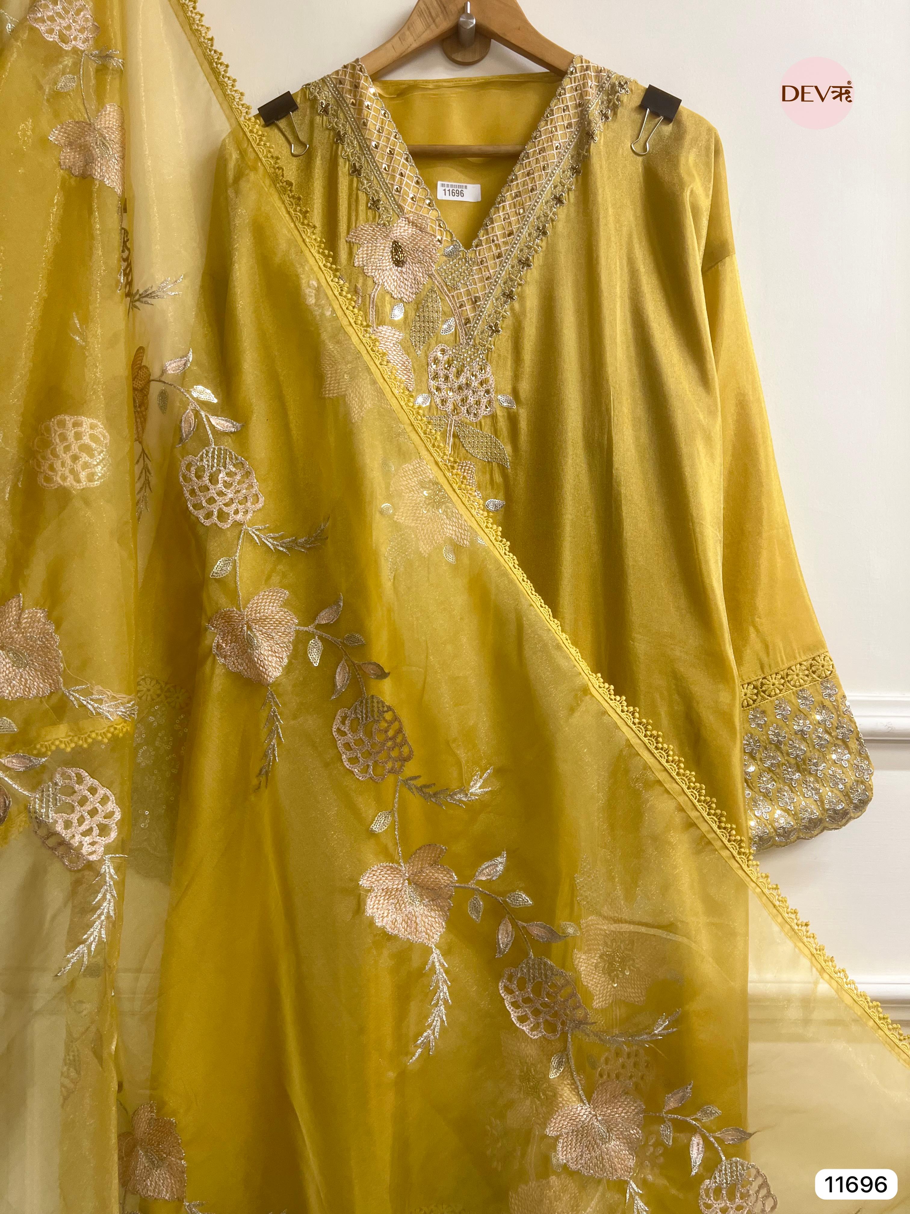 Yellow Tissue Shimmer Silk Semi Stitched Hand Embroidered -Set Of 3- {11696}