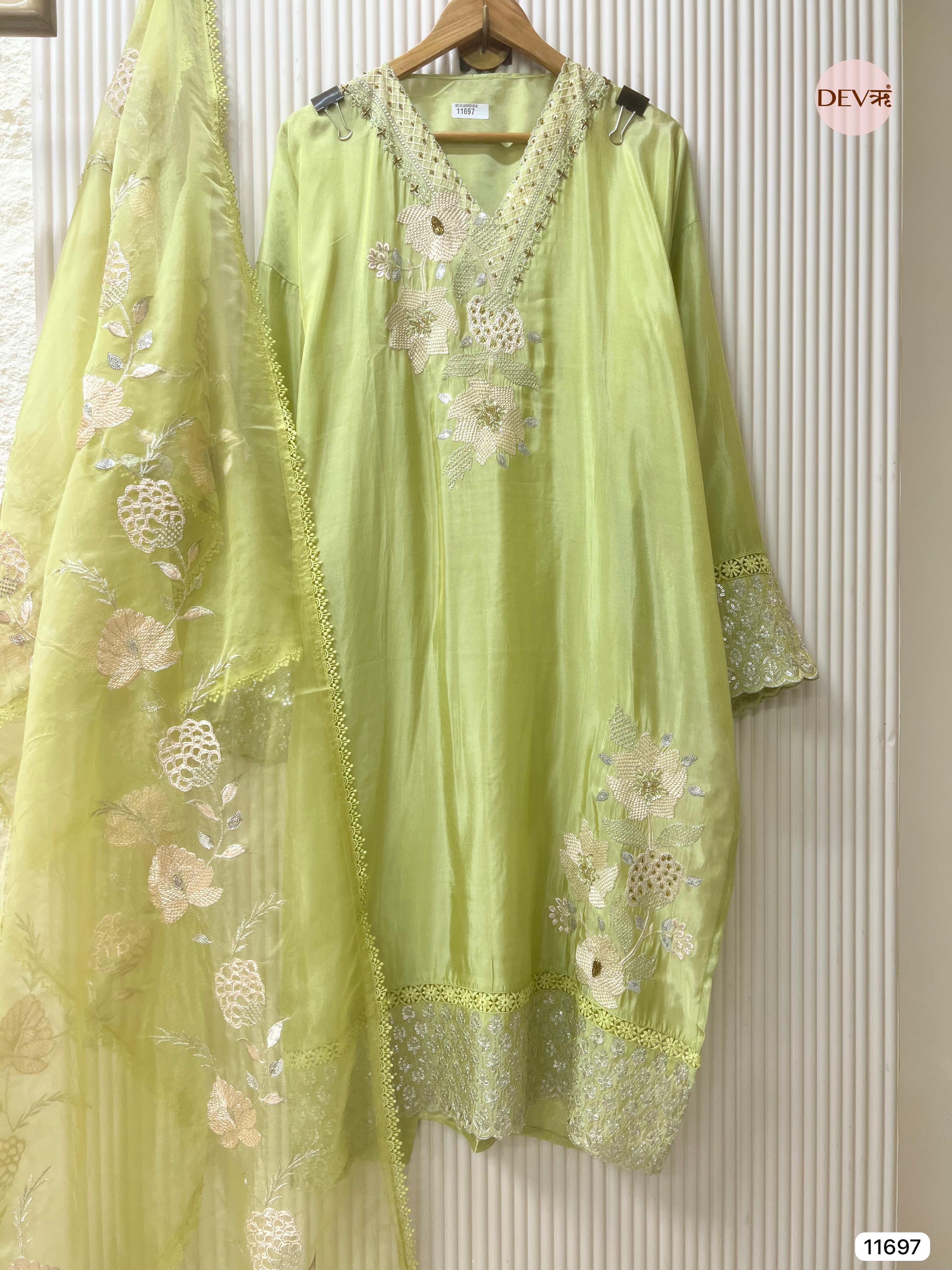 Lime Green Tissue Shimmer Silk Semi Stitched Hand Embroidered -Set Of 3 - {11697}
