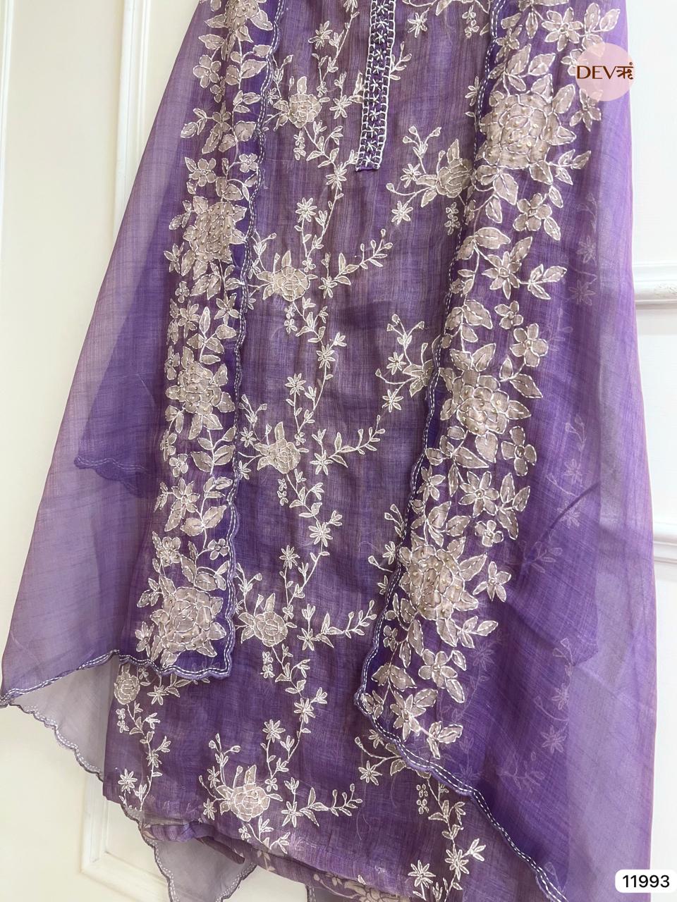 Purple  Pure Mul Linen Unstitched Embroidered -Set Of 3 - {11993}