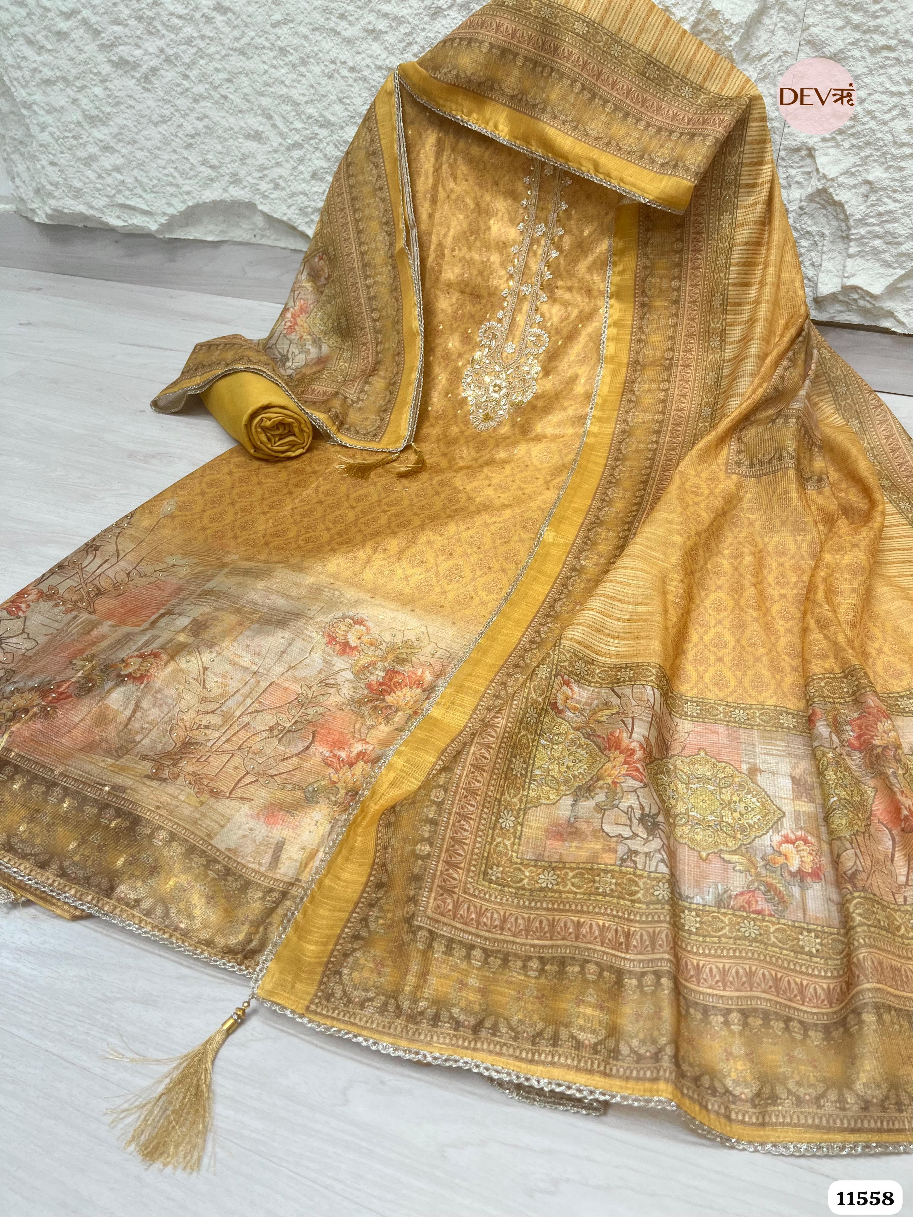 yellow/golden Pure Dola Silk Unstitched Printed Hand Embroidered -Set Of 3 {11558}