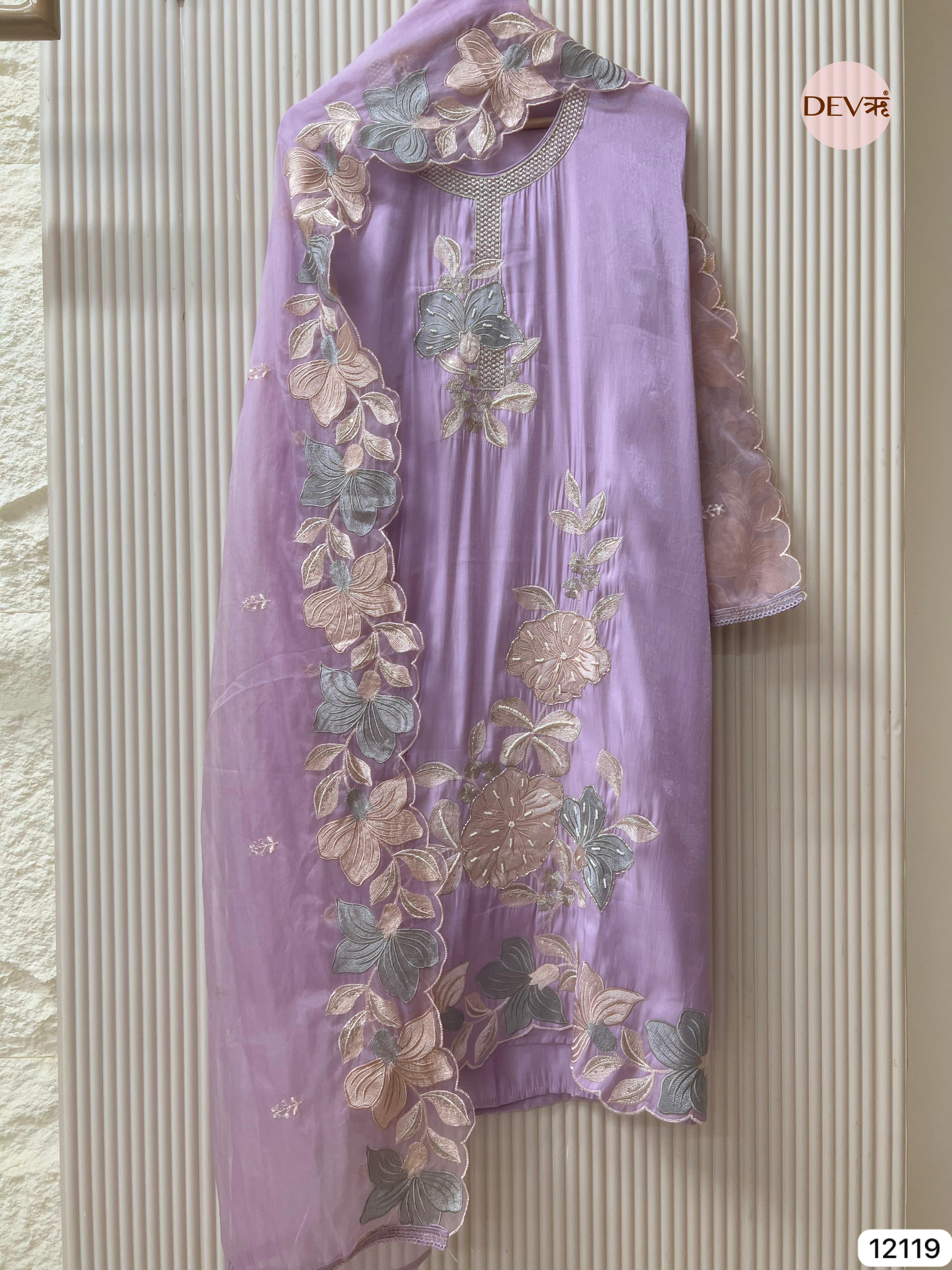 Light Purple Organza Silk Unstitched Hand Embroidered -Set Of 3 - {12119}