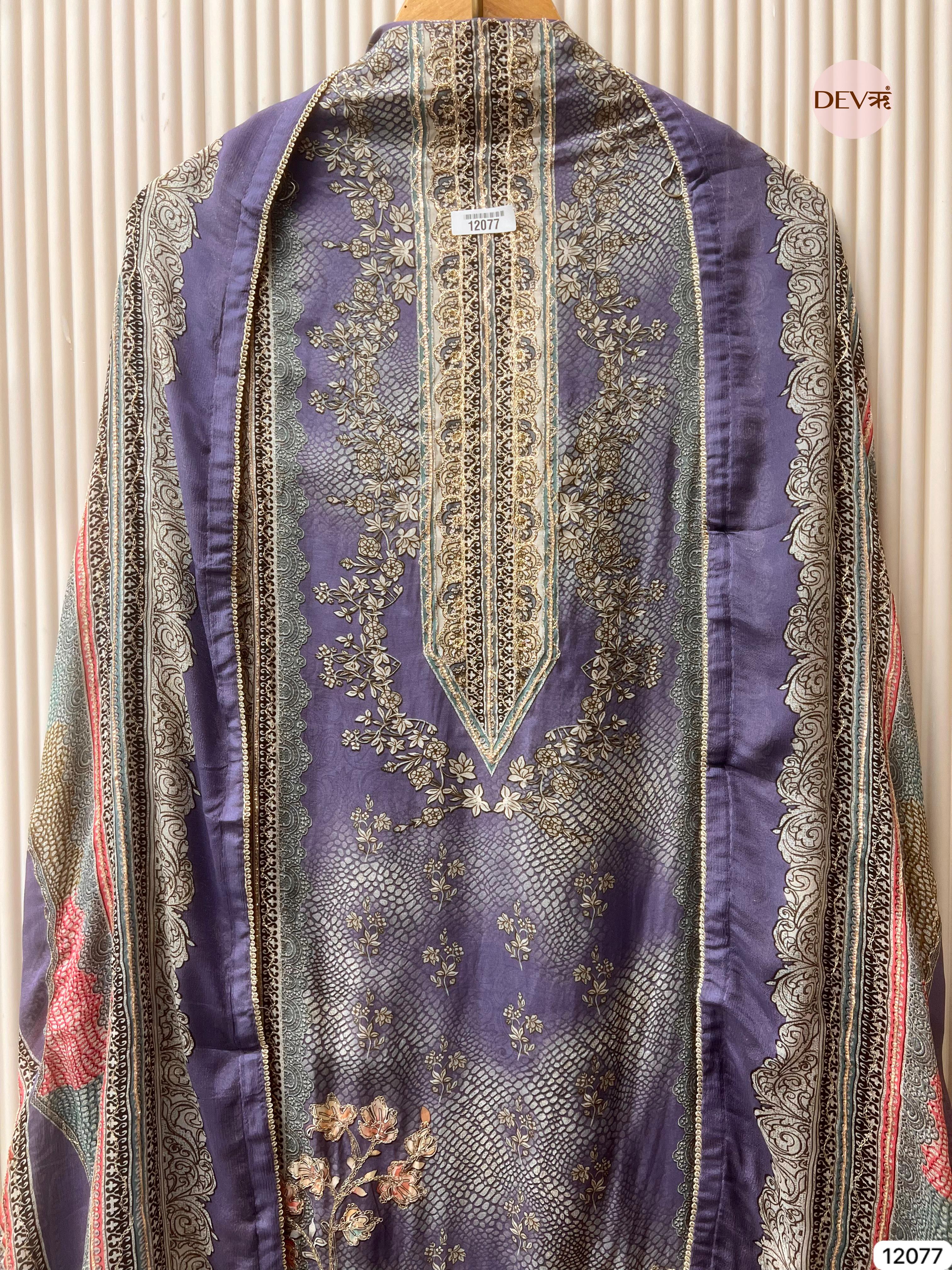 Purple Pure Muslin Unstitched Printed With Hand Zardosi Embroidery -Set Of 3 - {12077}