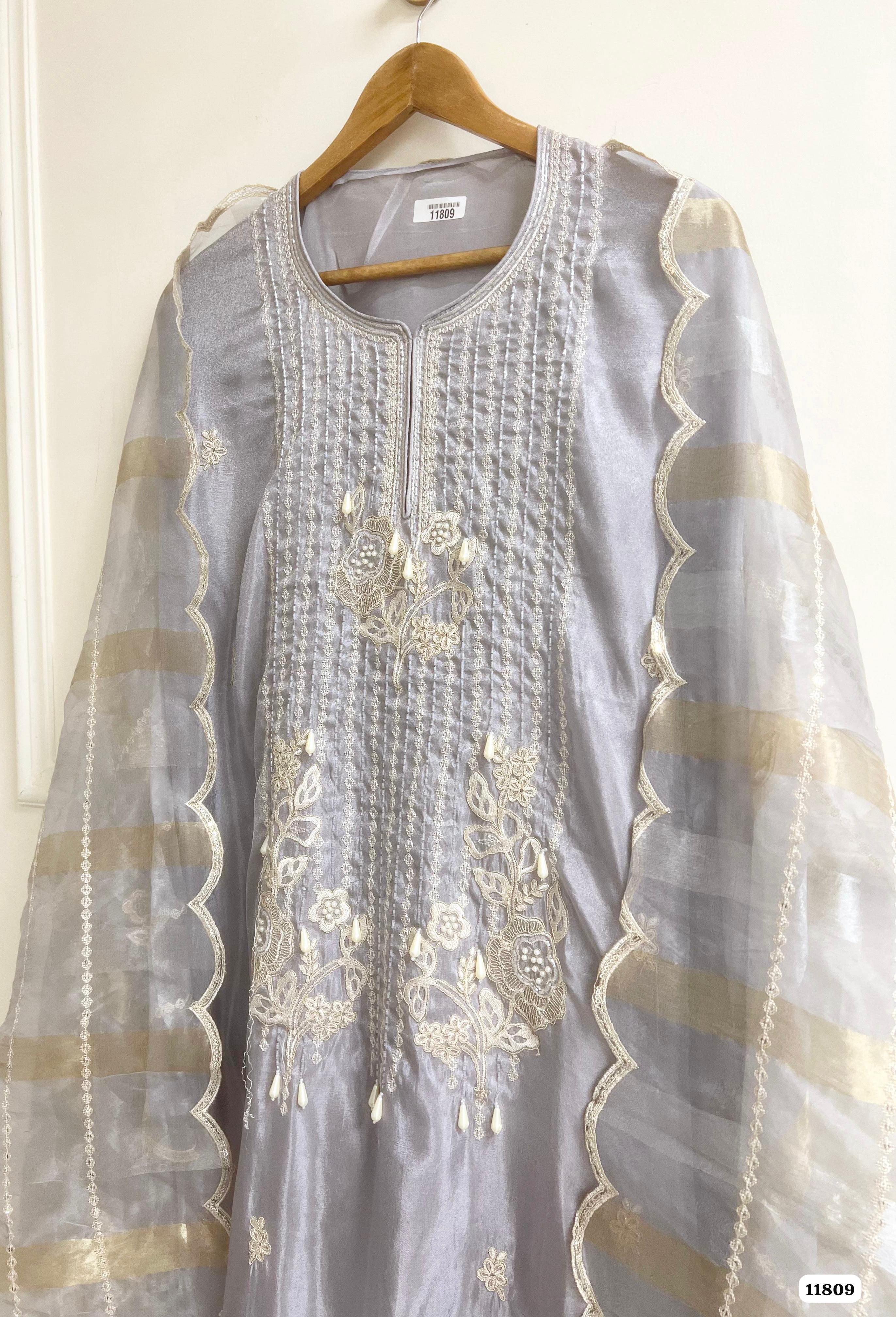 Light Grey Tissue silk unstitched Hand Embroidered -Set Of 3 {11809}