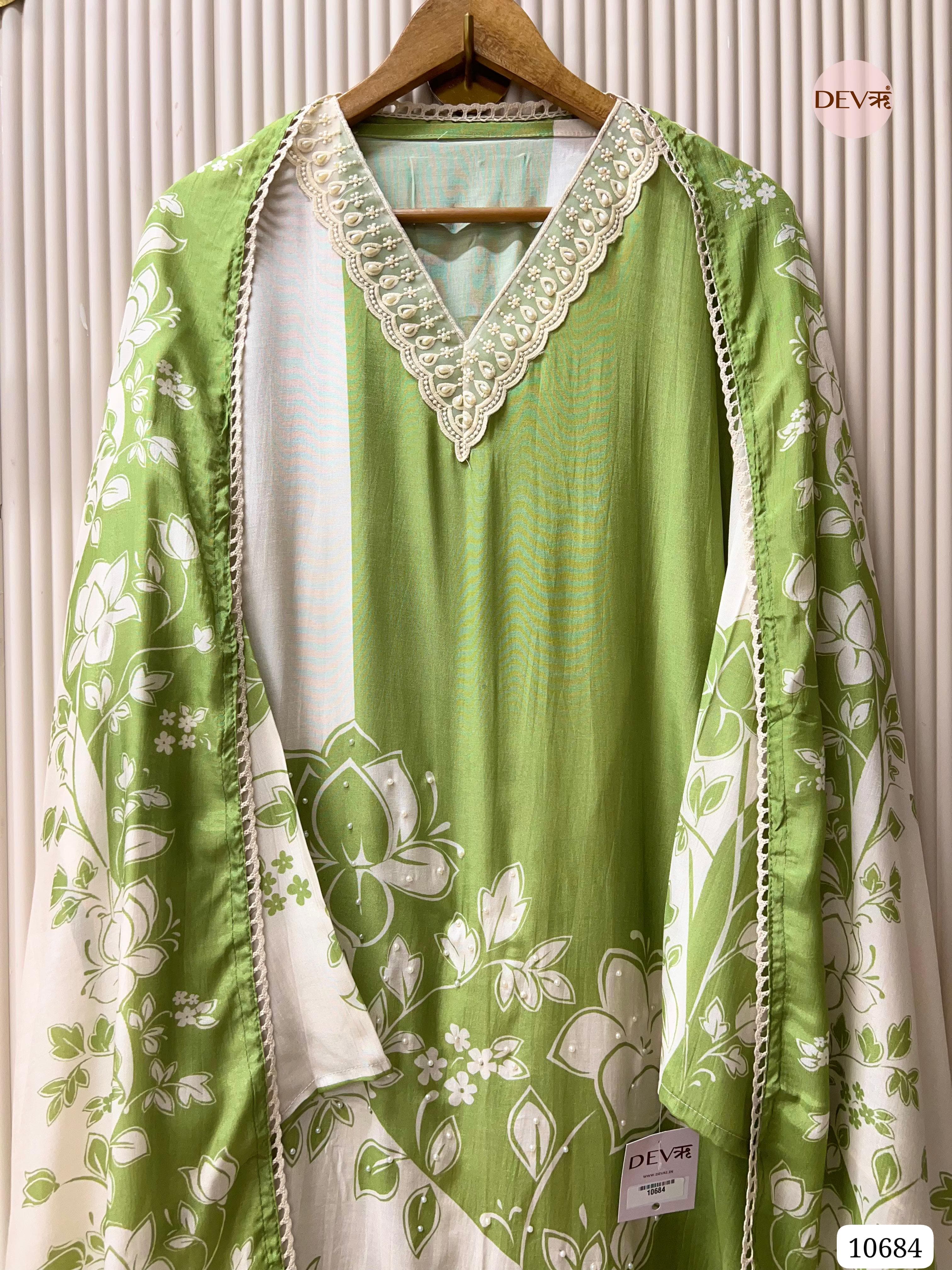 Green Pure Muslin Semi Stitched Embroidered-Set of 3 - {10684}