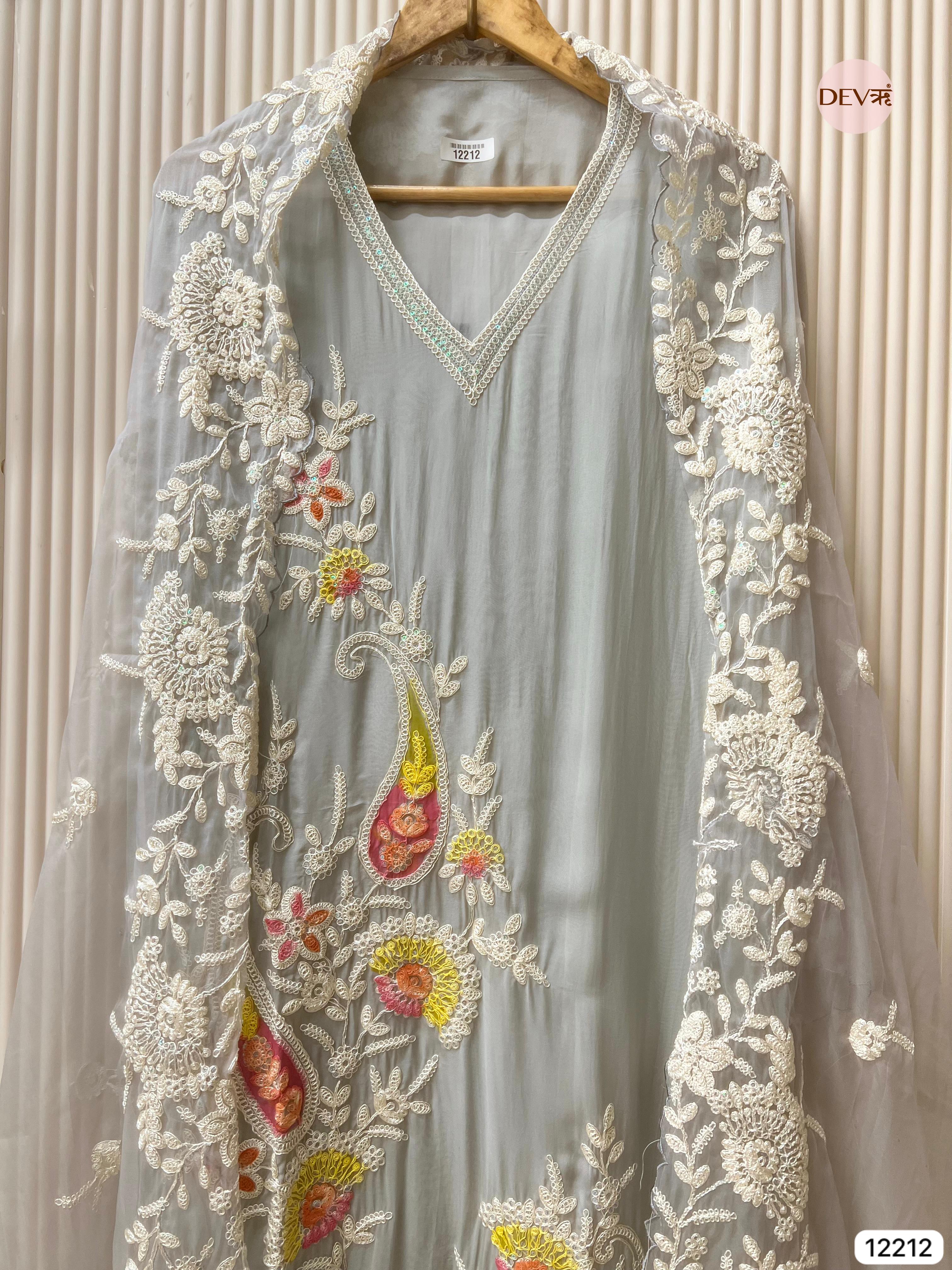 Gulbahar Soft Organza Thread-Embroidered 3-Piece Set (Devri – D.No 12212)