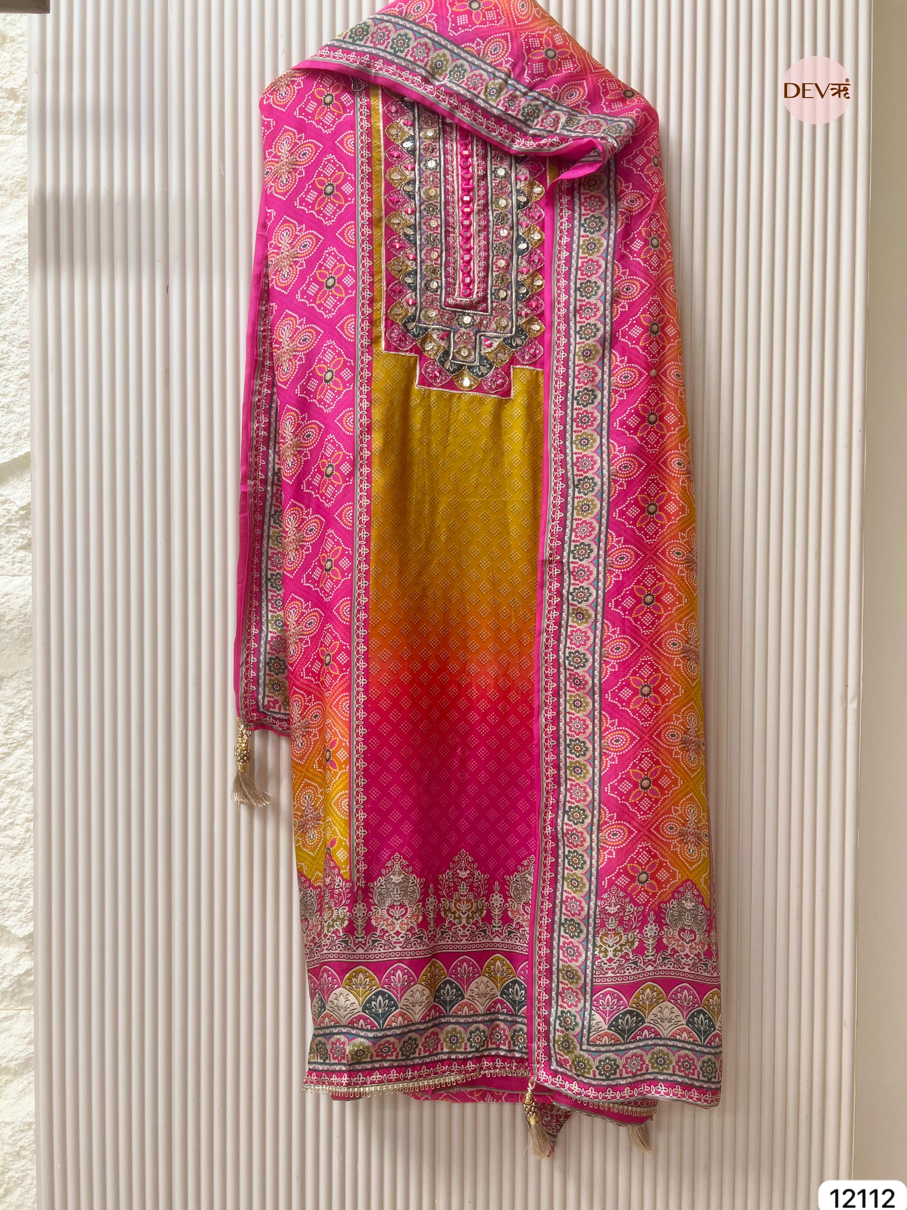 Pink / yellow Pure Organza Silk Unstitched Printed -Set Of 3 - {12112}