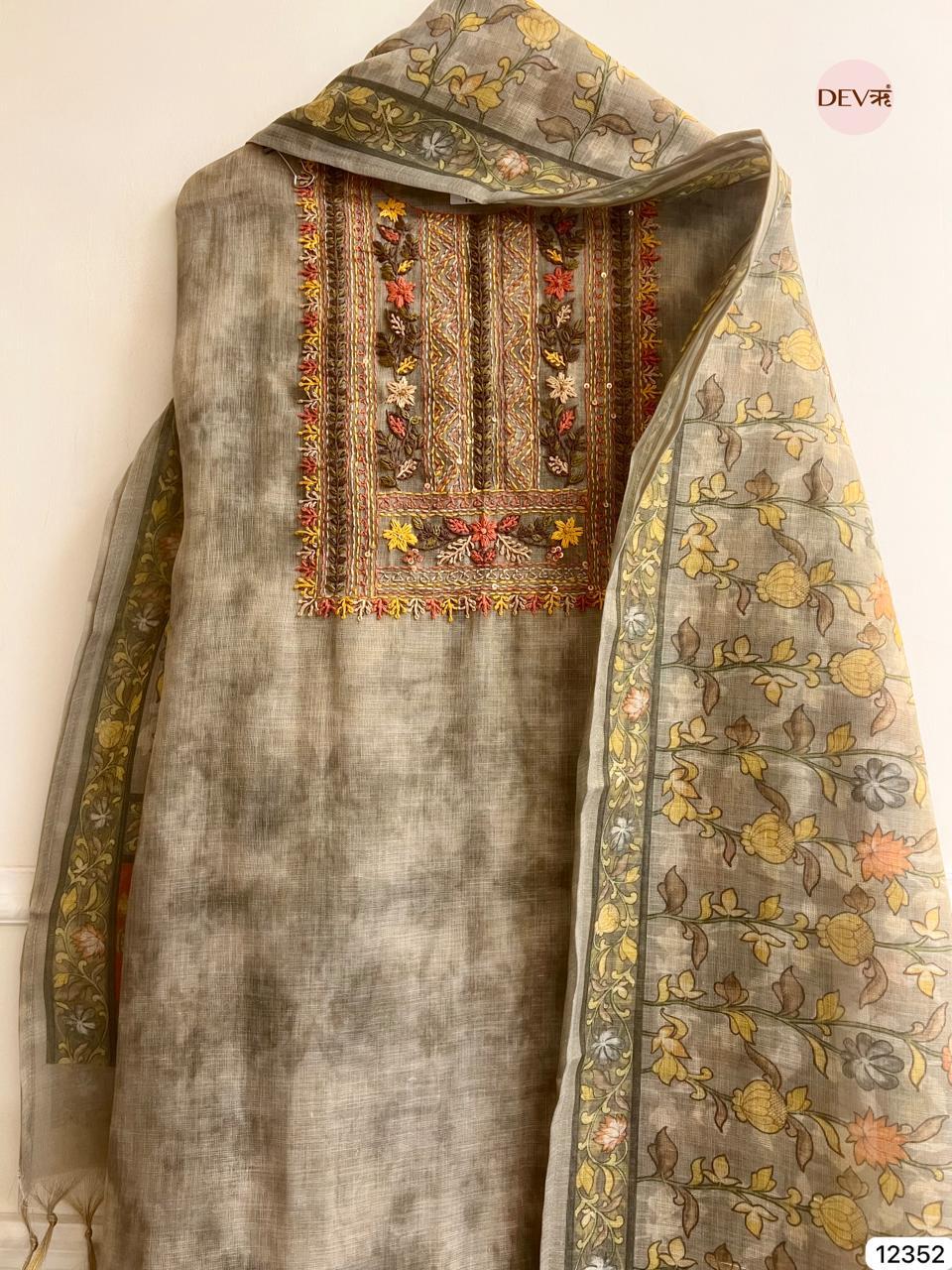 Olive Grey Linen Hand Embroidered Unstitched 3-Piece Suit (Devri – D.No 12352)