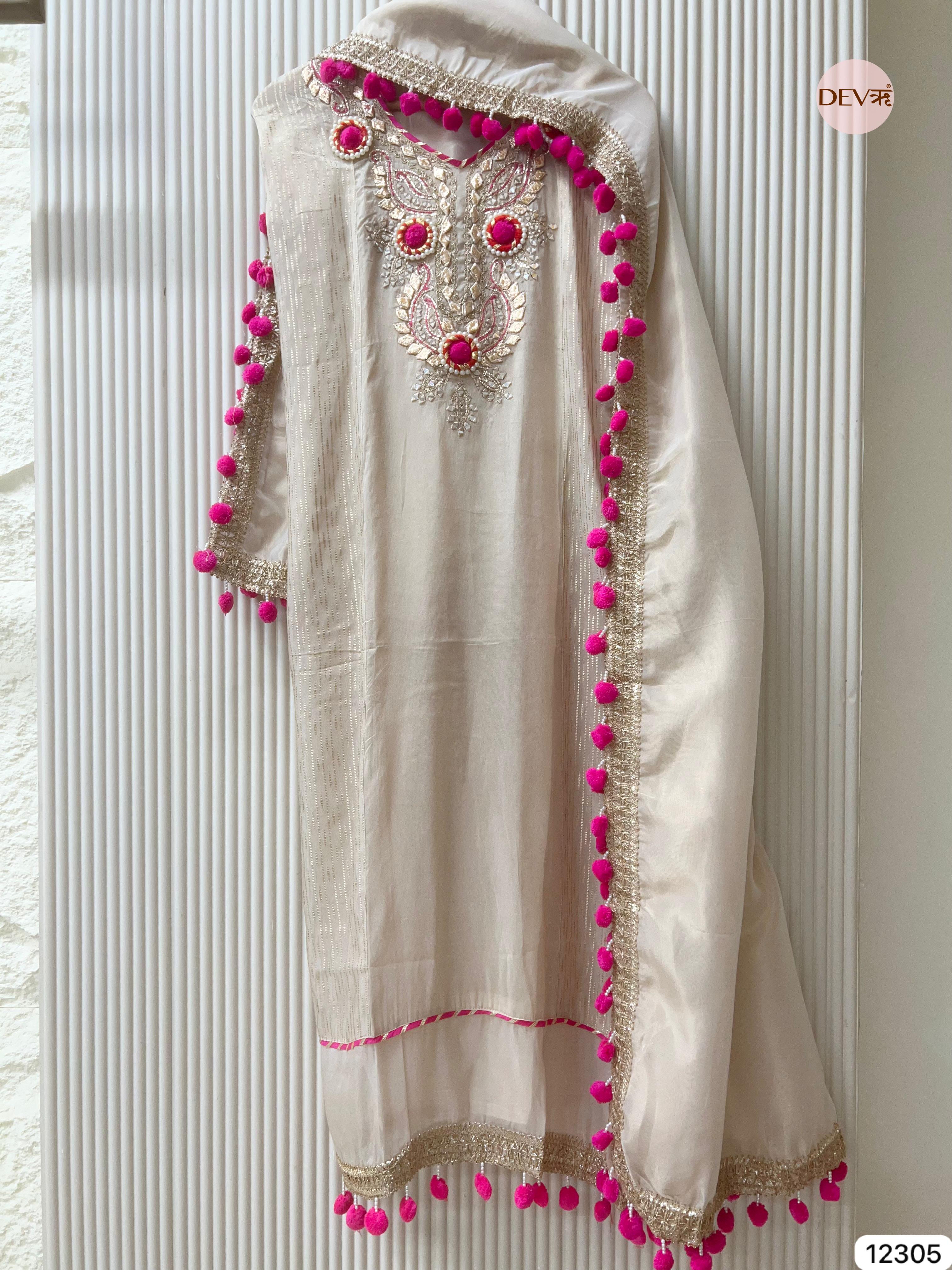 Ivory Pink Tissue Silk Embroidered Unstitched 3-Piece Suit (Devri – D.No 12305)