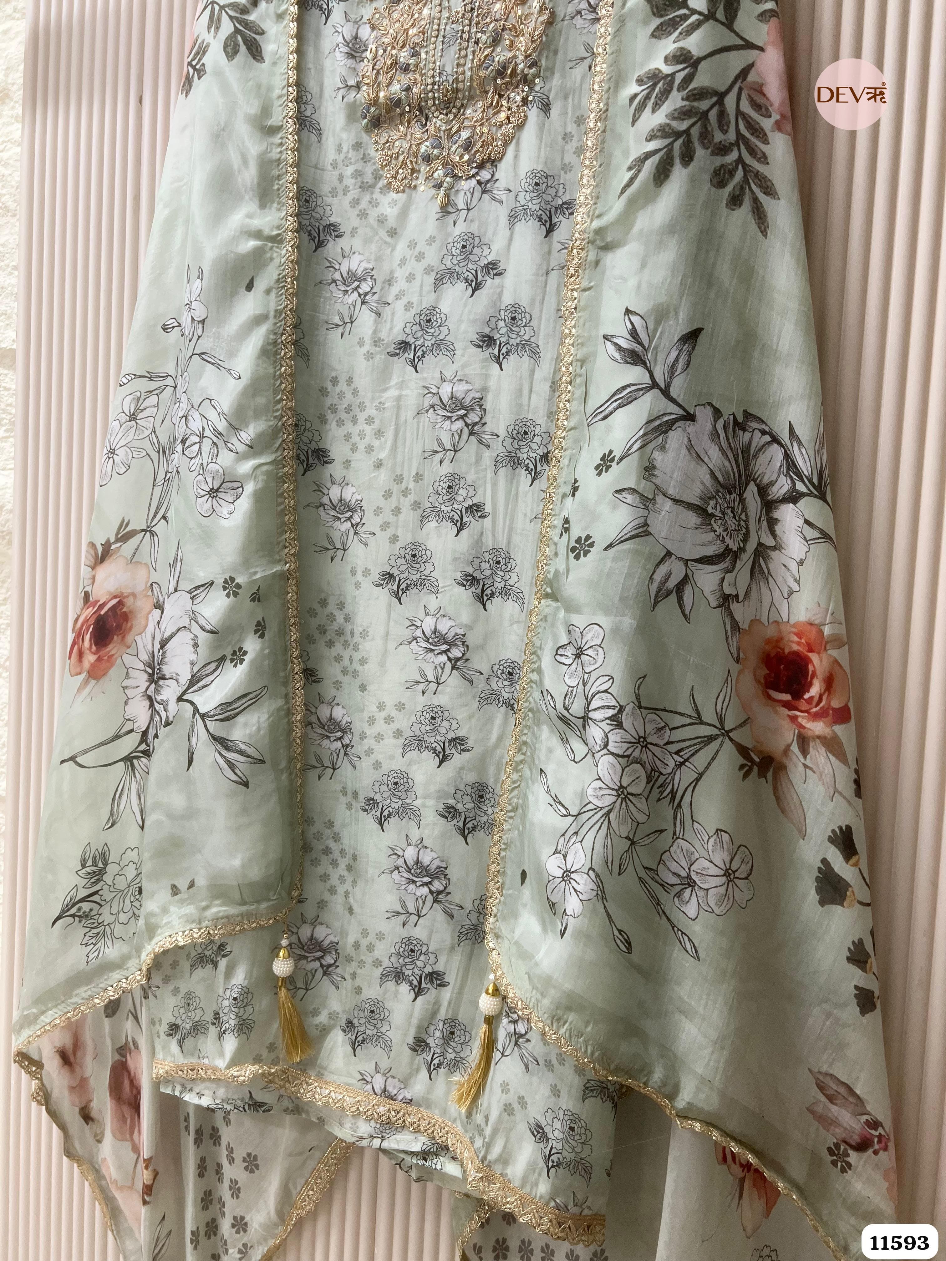 Mint Green Pure Organza Silk Unstitched Printed Hand Embroidered -Set Of 3 {11593}