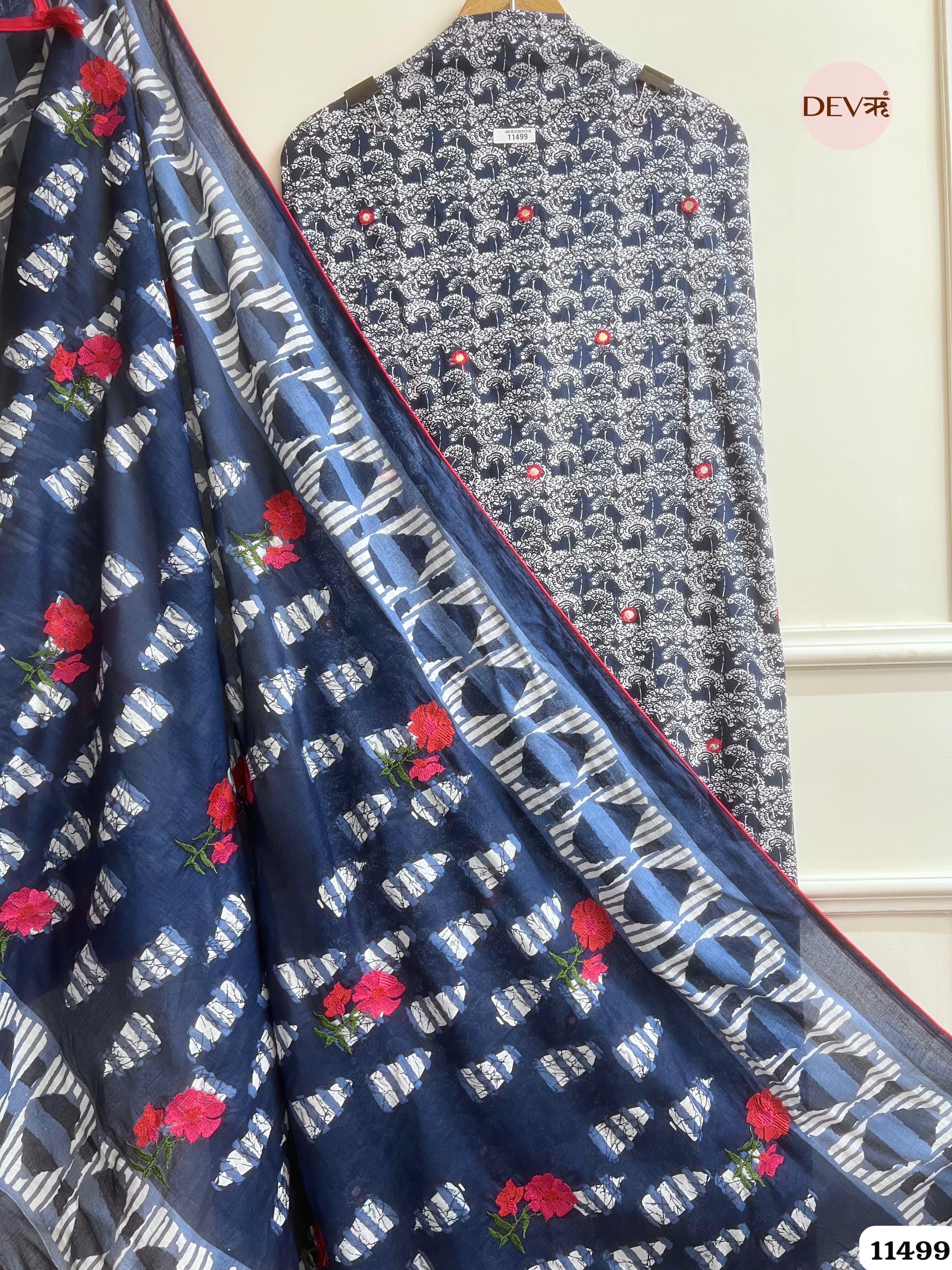Dark Blue Mul Cotton Unstitched Printed Hand Embroidered -Set Of 3 {11499}