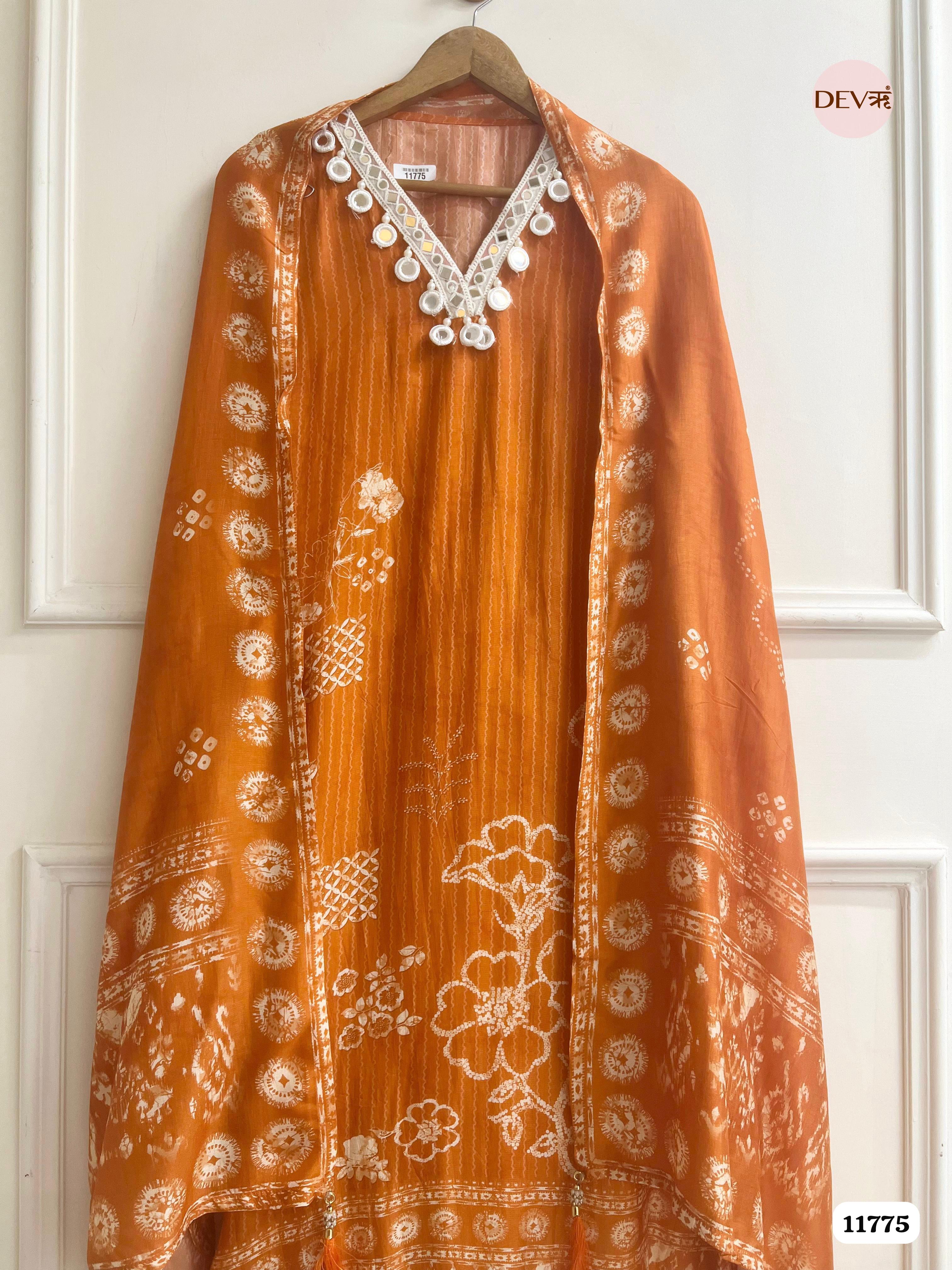 Orange Russian Silk Unstitched Printed Hand Embroidered -Set Of 3 {11775}