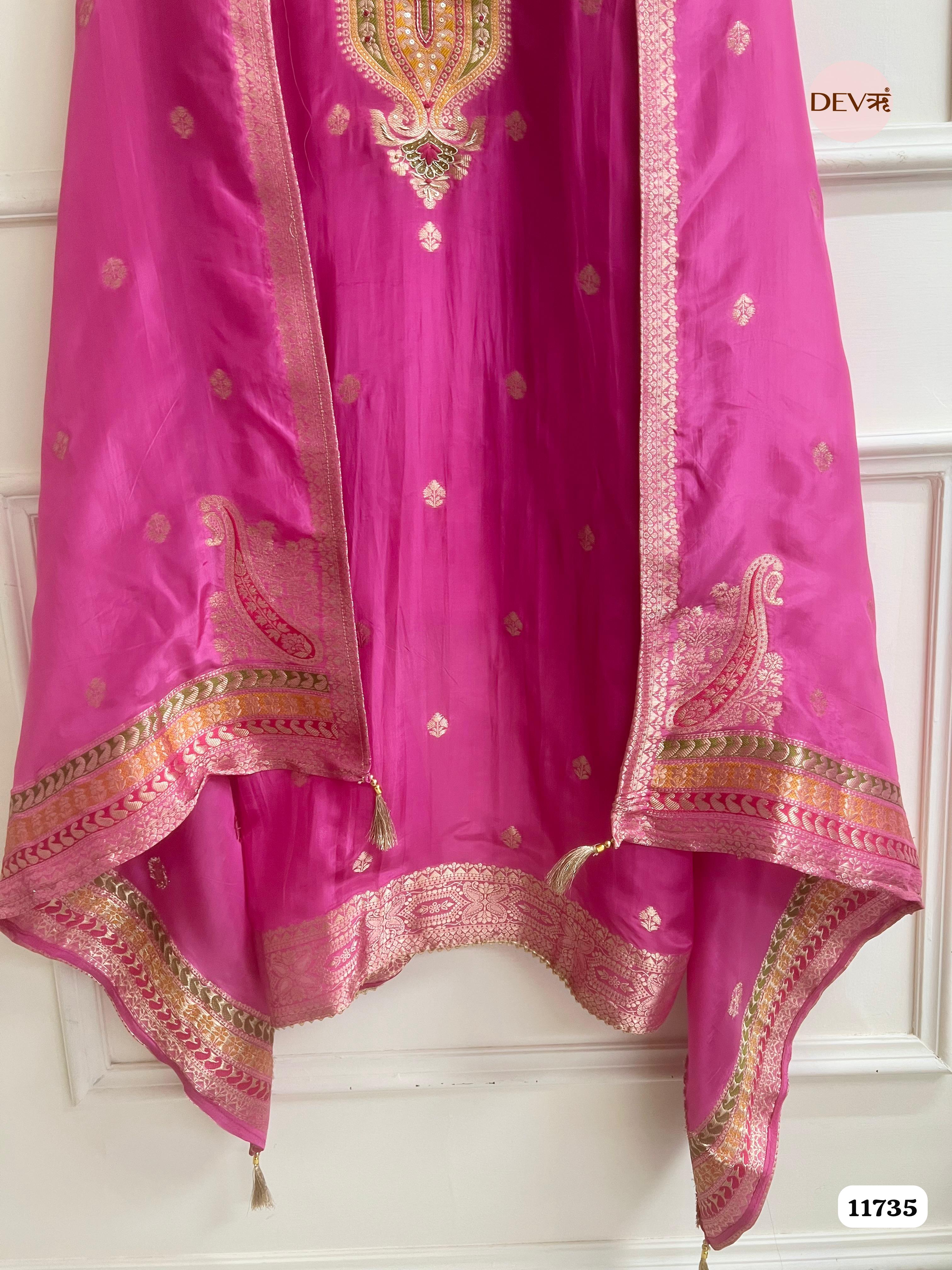Pink Organza Silk Unstitched Banarasi Weave Hand Embroidered -Set Of 3 {11735}