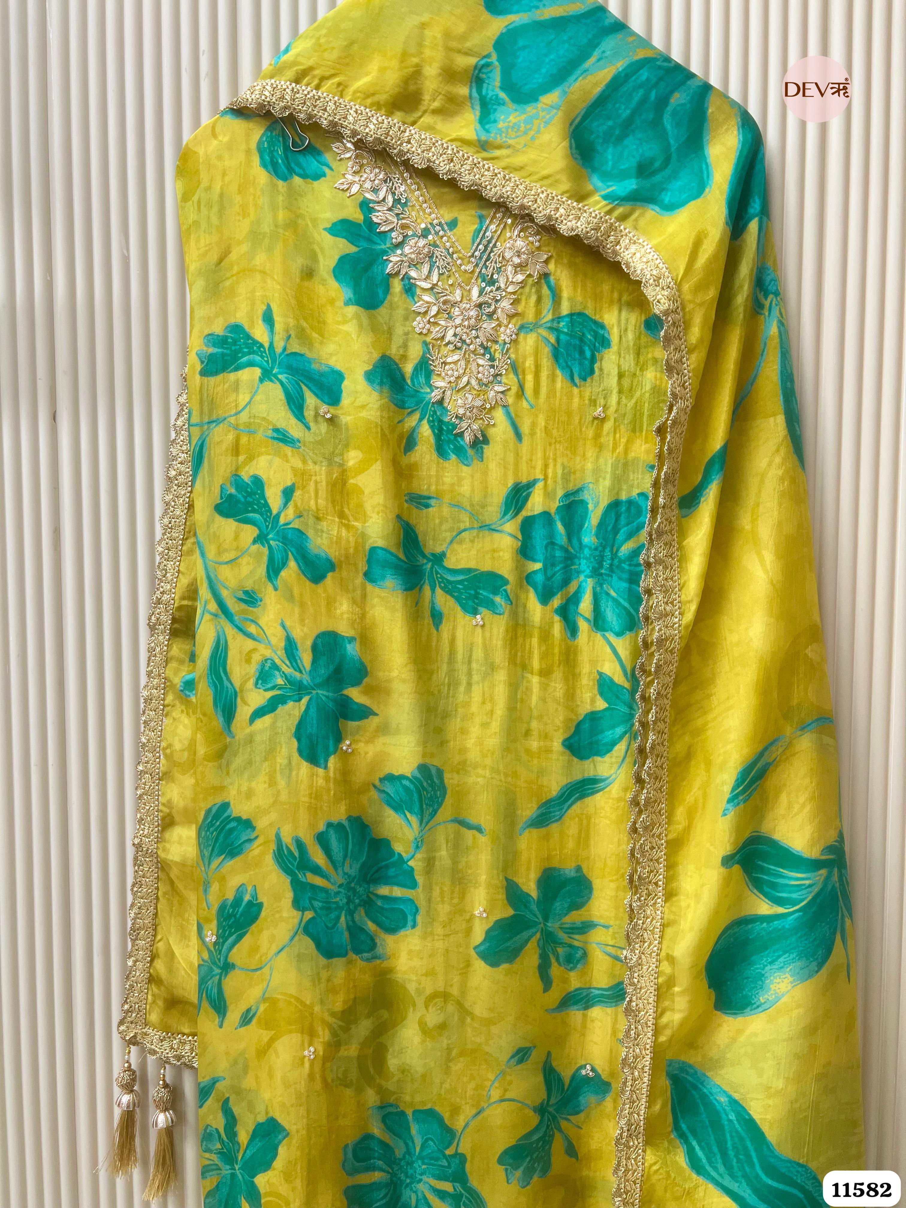 Yellow Pure Organza Silk Printed Unstitched Hand Embroidered -Set Of 3 {11582}