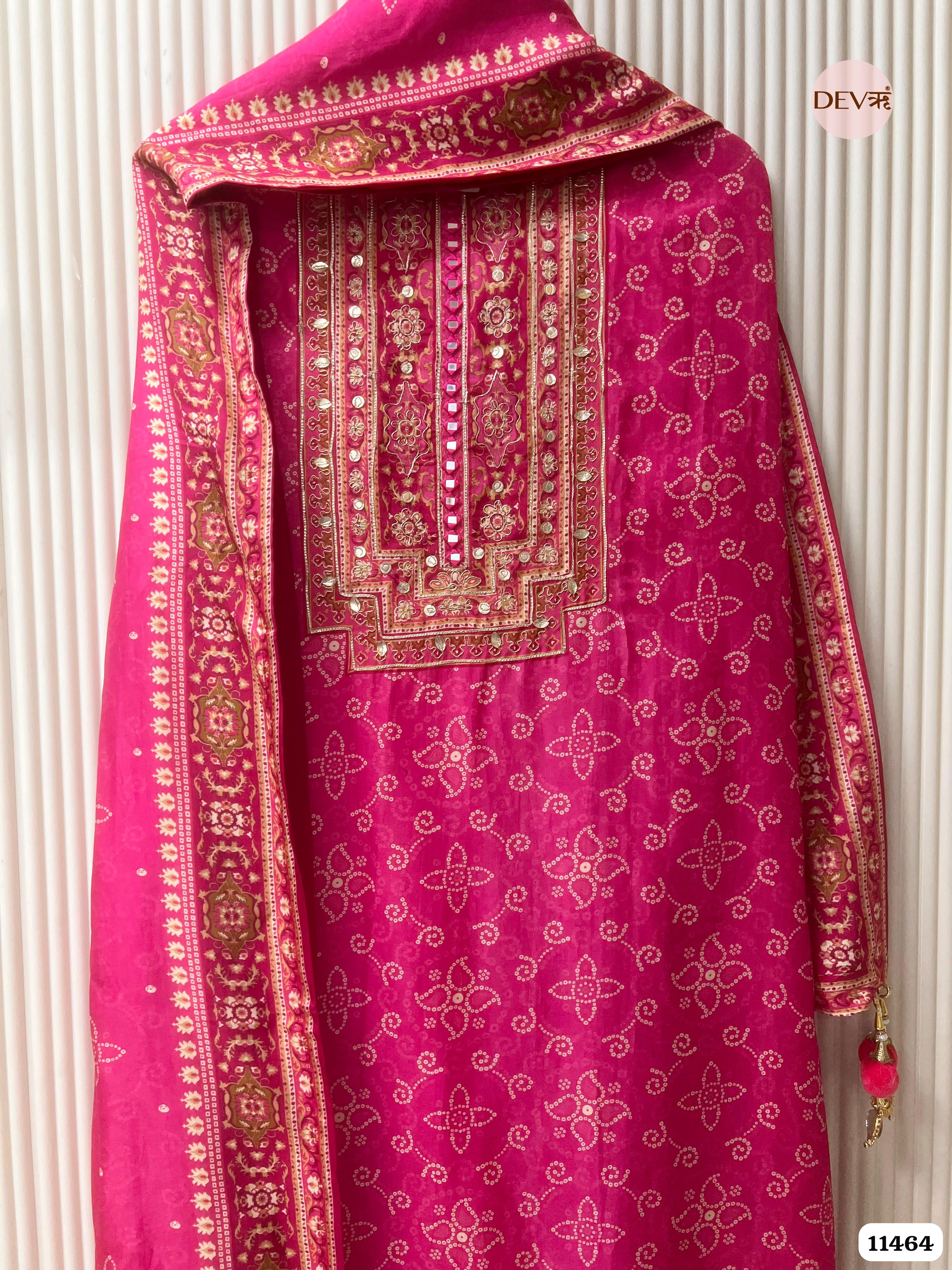 Pink Russian Silk Unstitched Printed Hand Embroidered -Set Of 3- {11464}