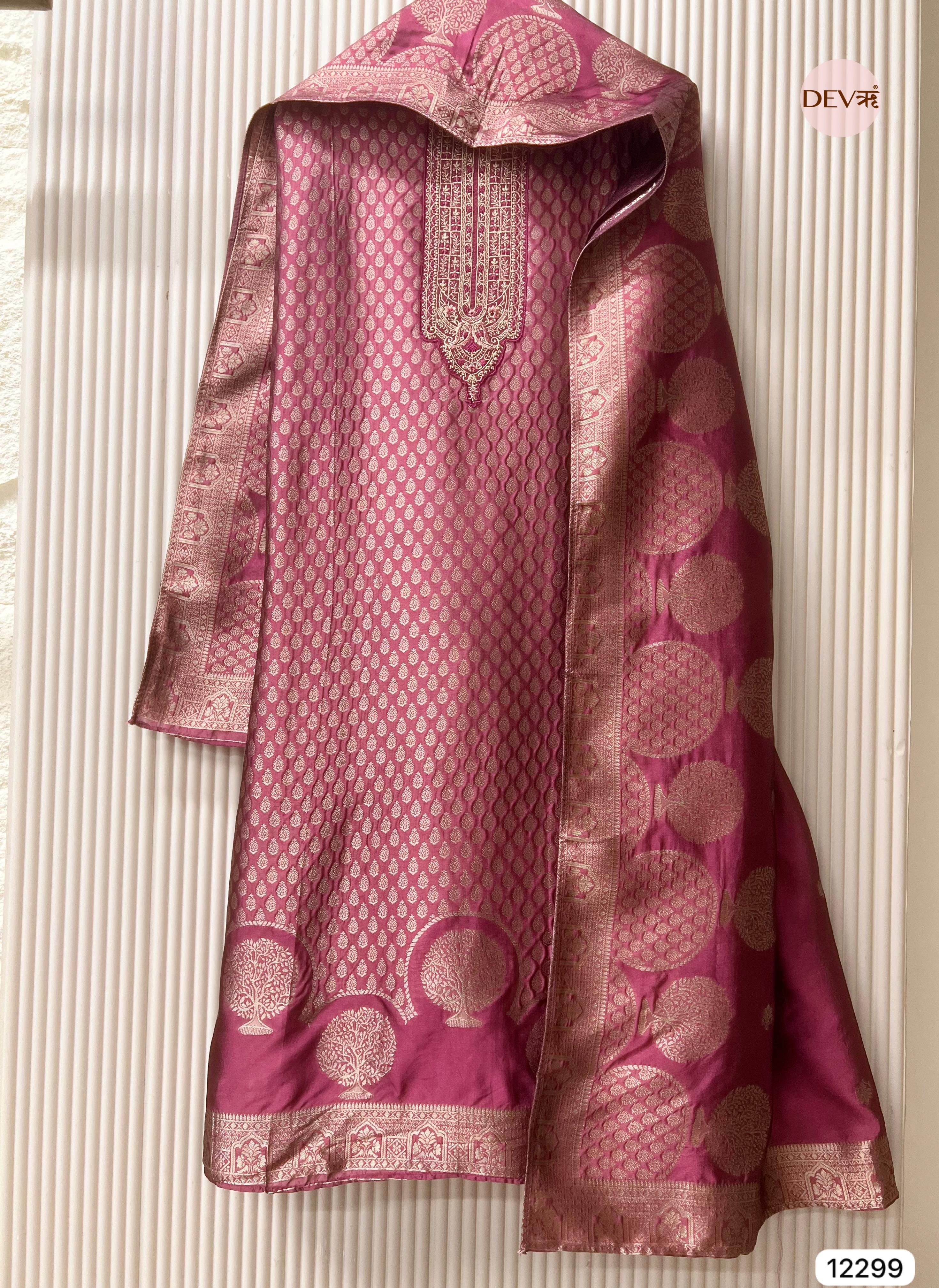 Rani Pink Pure Banarasi Silk Woven Unstitched 3-Piece Suit (Devri – D.No 12299)