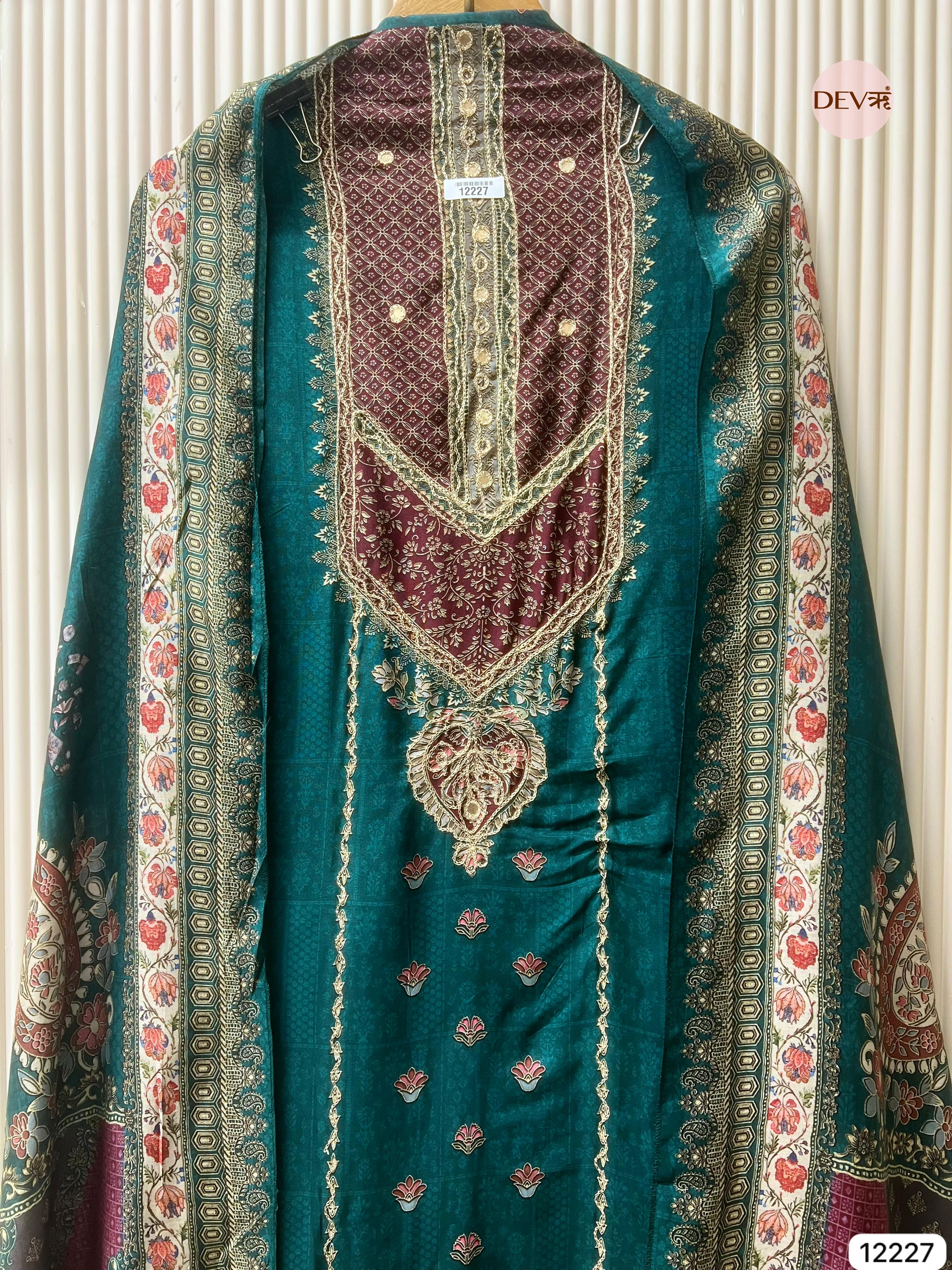 Teal Pure Muslin Printed Unstitched 3-Piece Suit (Devri – D.No 12227)