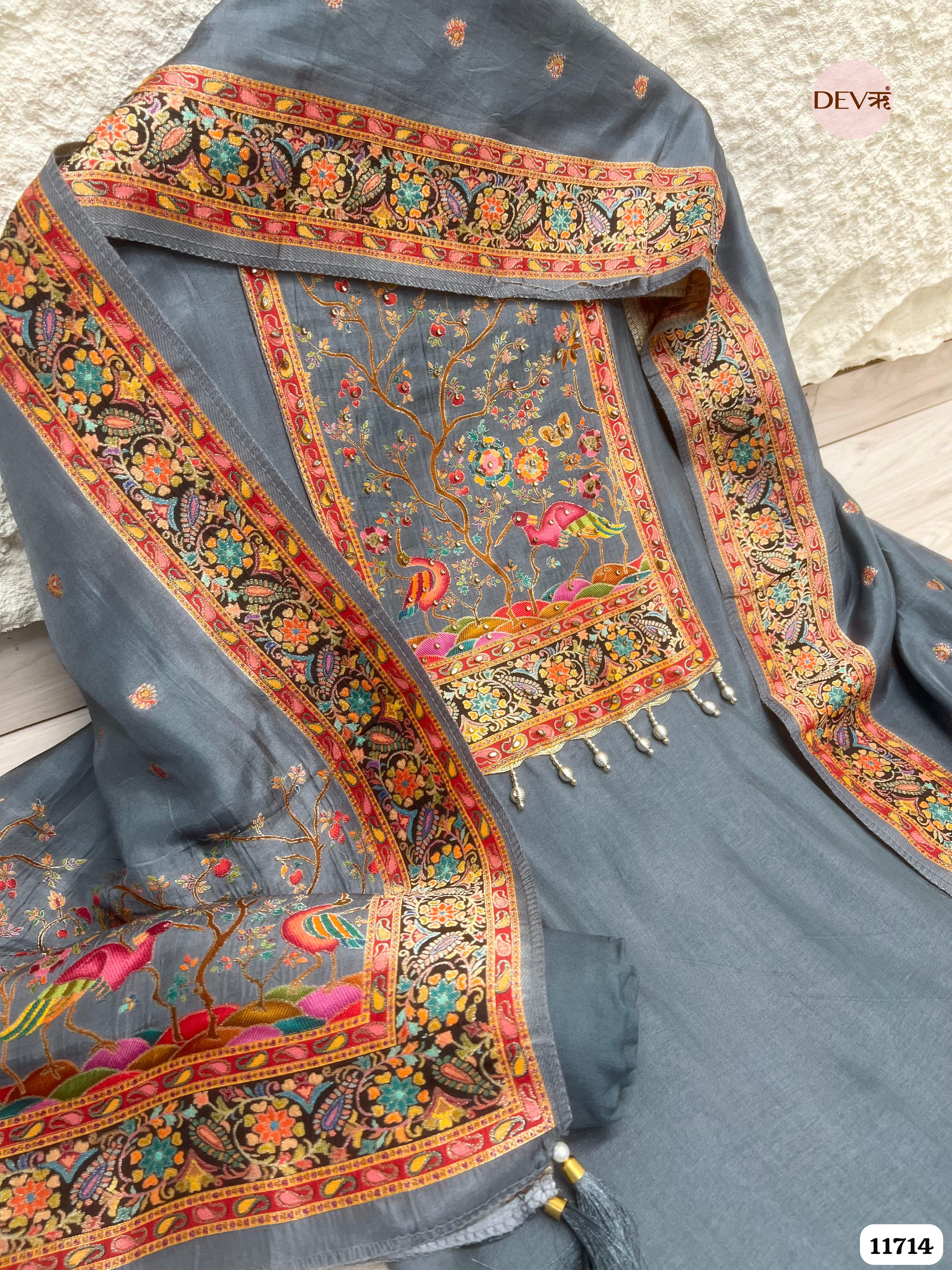 Grey Dola Silk Unstitched Banarasi Woven Hand Embroidered -Set Of 3- {11714}