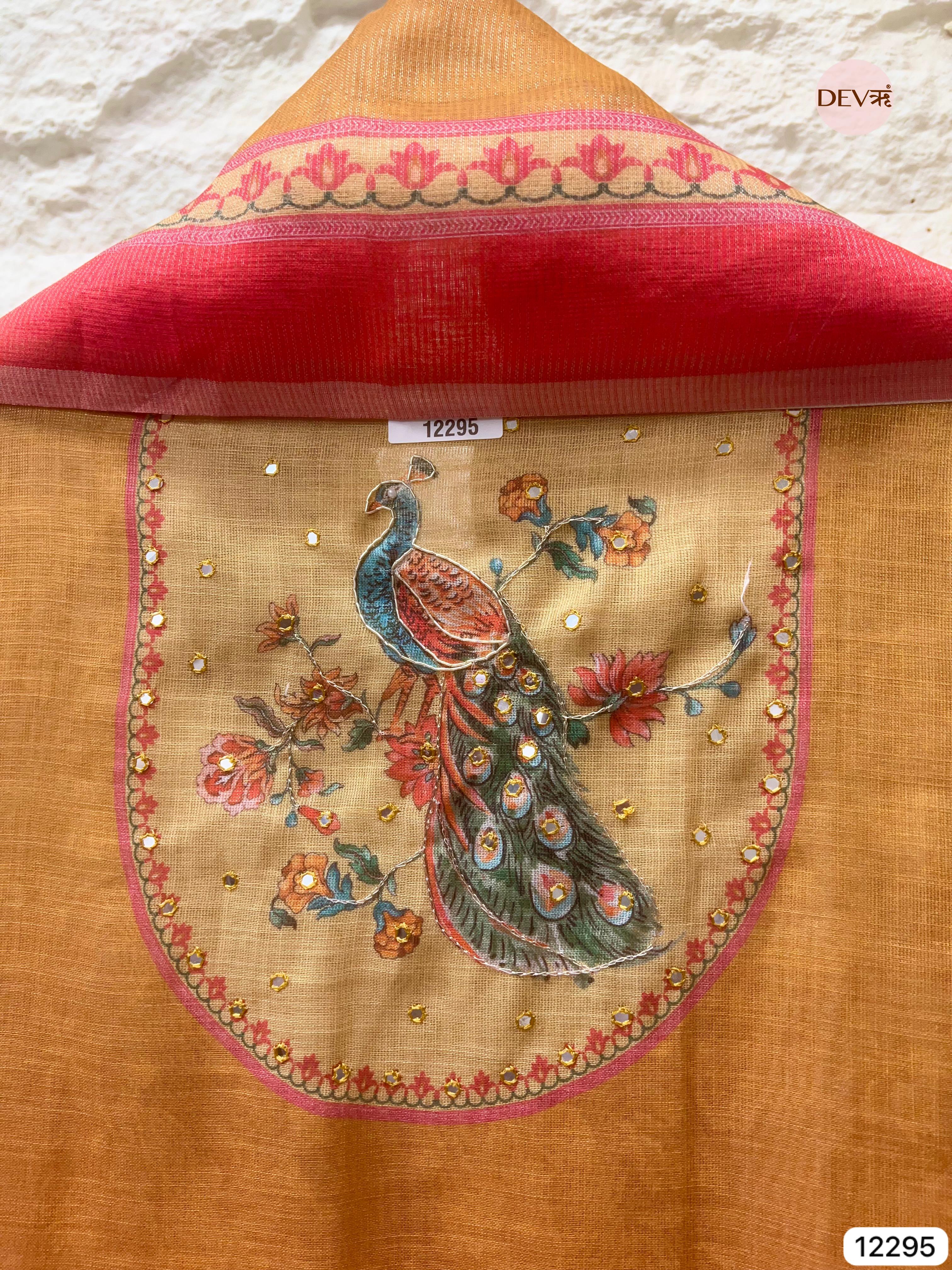 Mustard Red Linen Printed Unstitched 3-Piece Suit (Devri – D.No 12295)