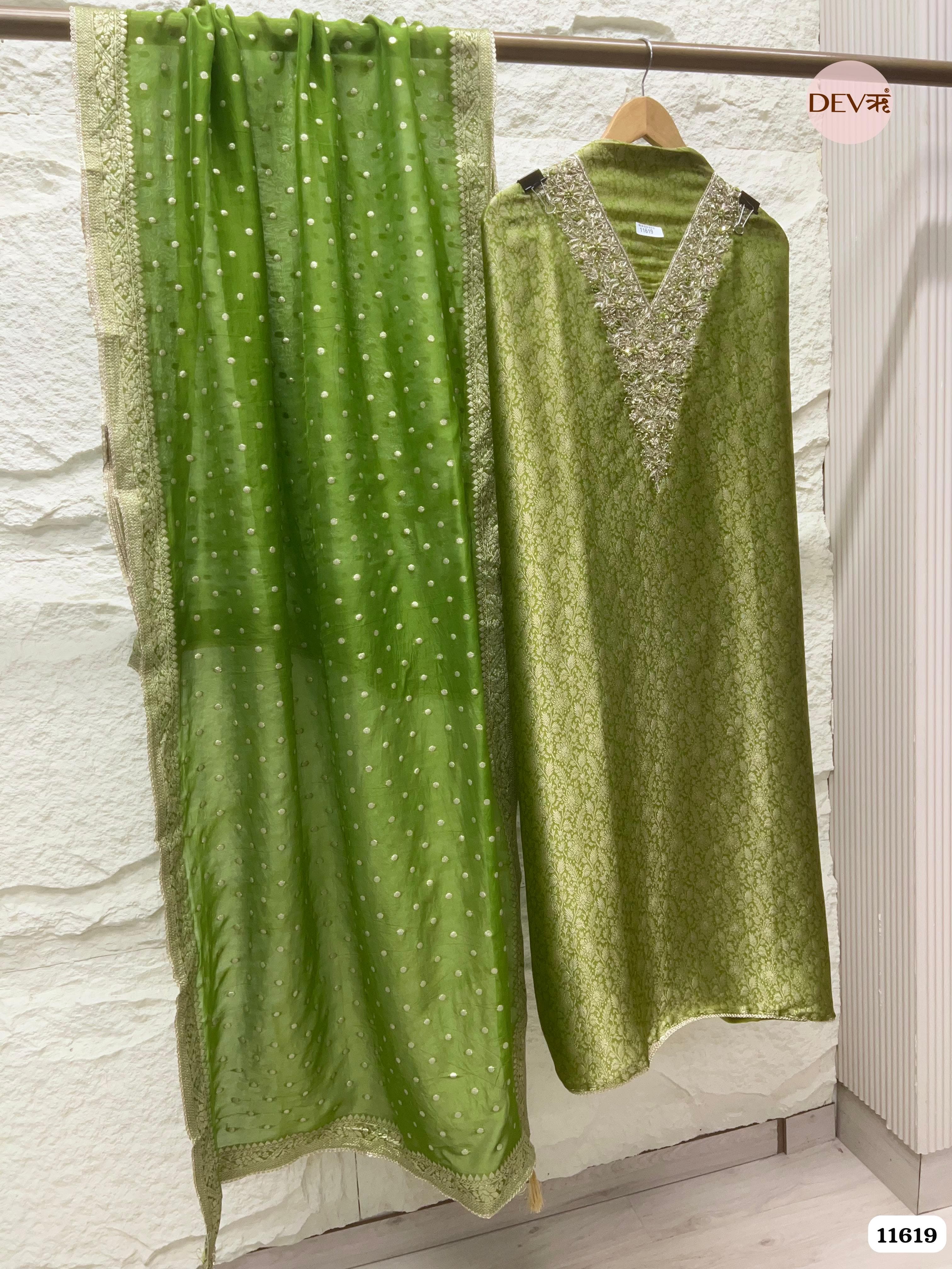 Green Pure Tissue Banarasi Silk Unstitched Hand Embroidered -Set Of 3 {11619}