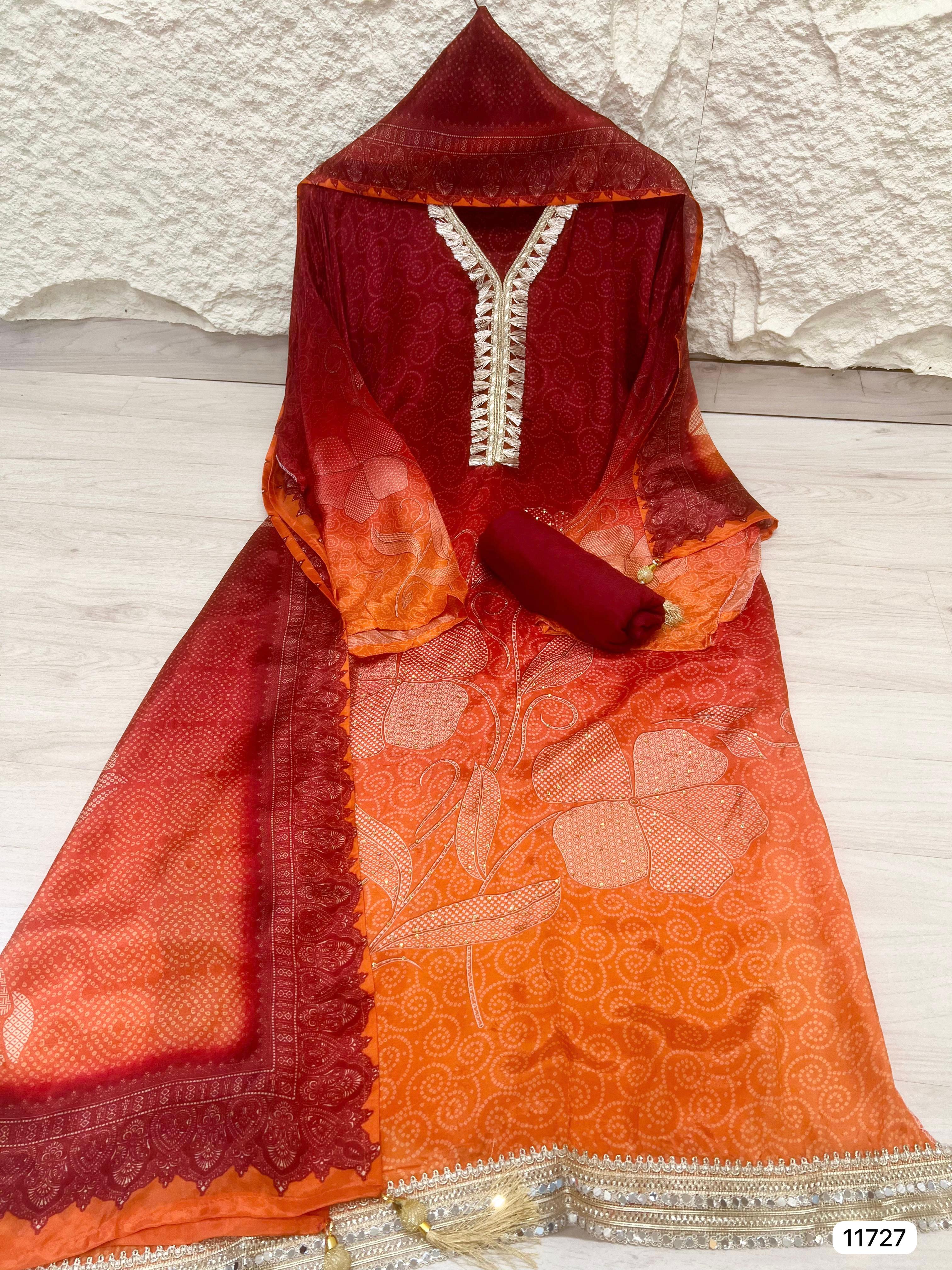 Red & Orange Silk Semi stitched Hand Embroidered -Set Of 3 {11727}