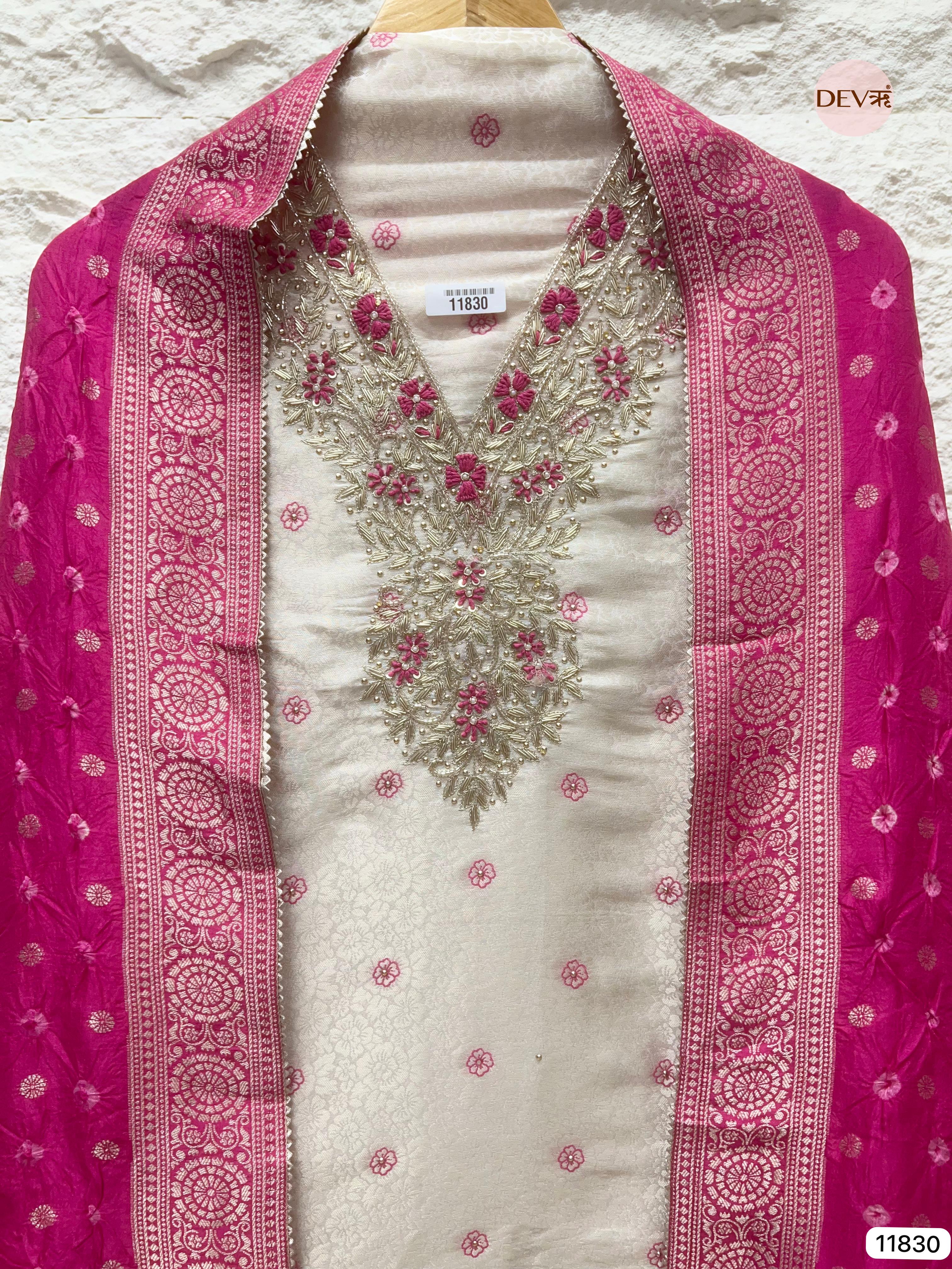 Off white Pure Tissue Shimmer Silk Unstitched Hand Embroidered -Set Of 3 - {11830}