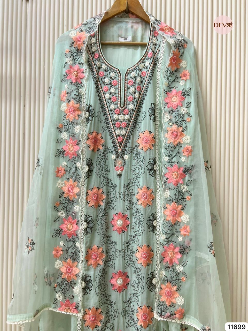 Light Blue Pure Organza Unstitched Embroidered -Set Of 3 - {11699}
