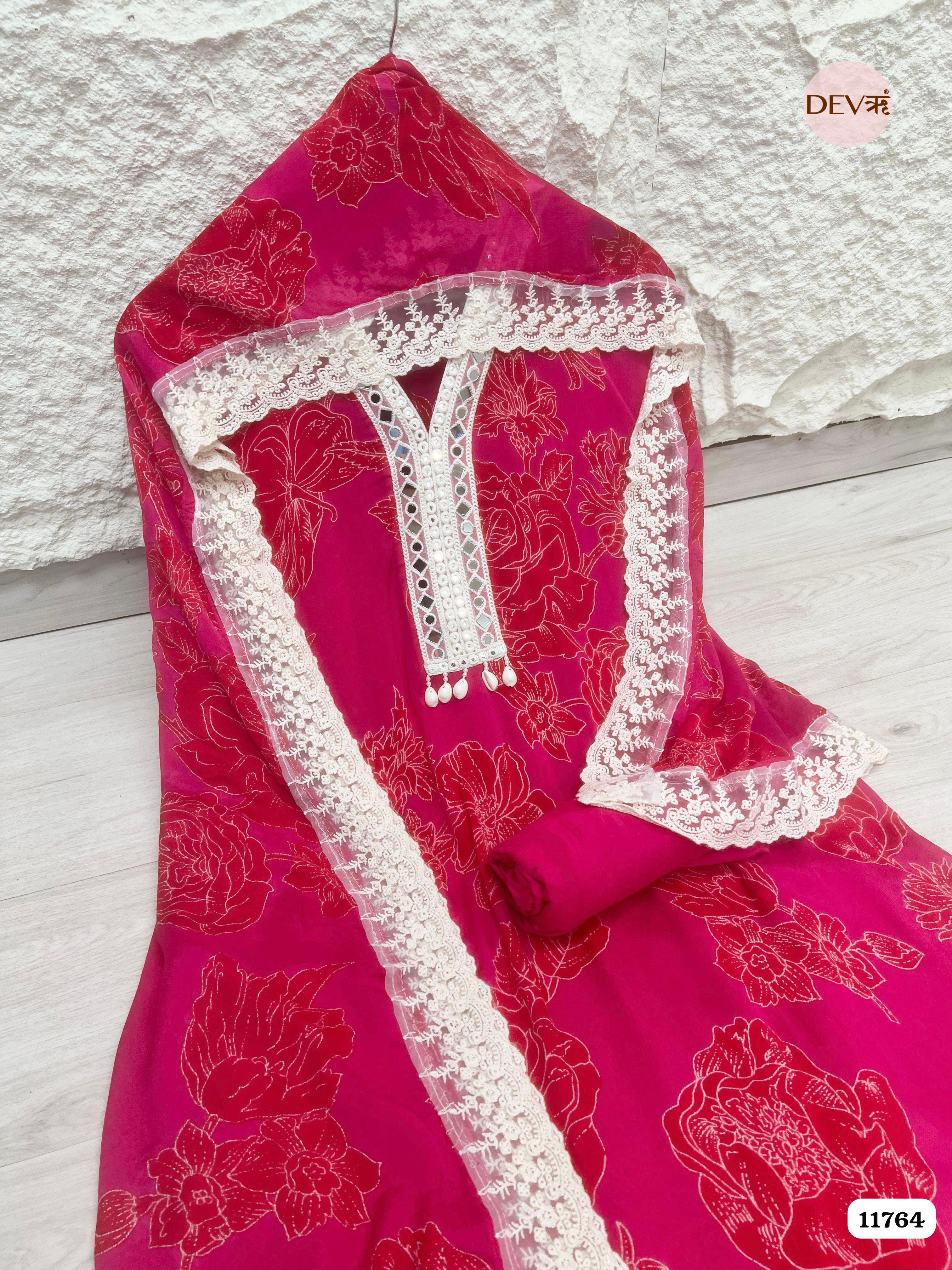 Pink Chinon Unstitched Printed Crocia Laces Set Of 3 {11764}