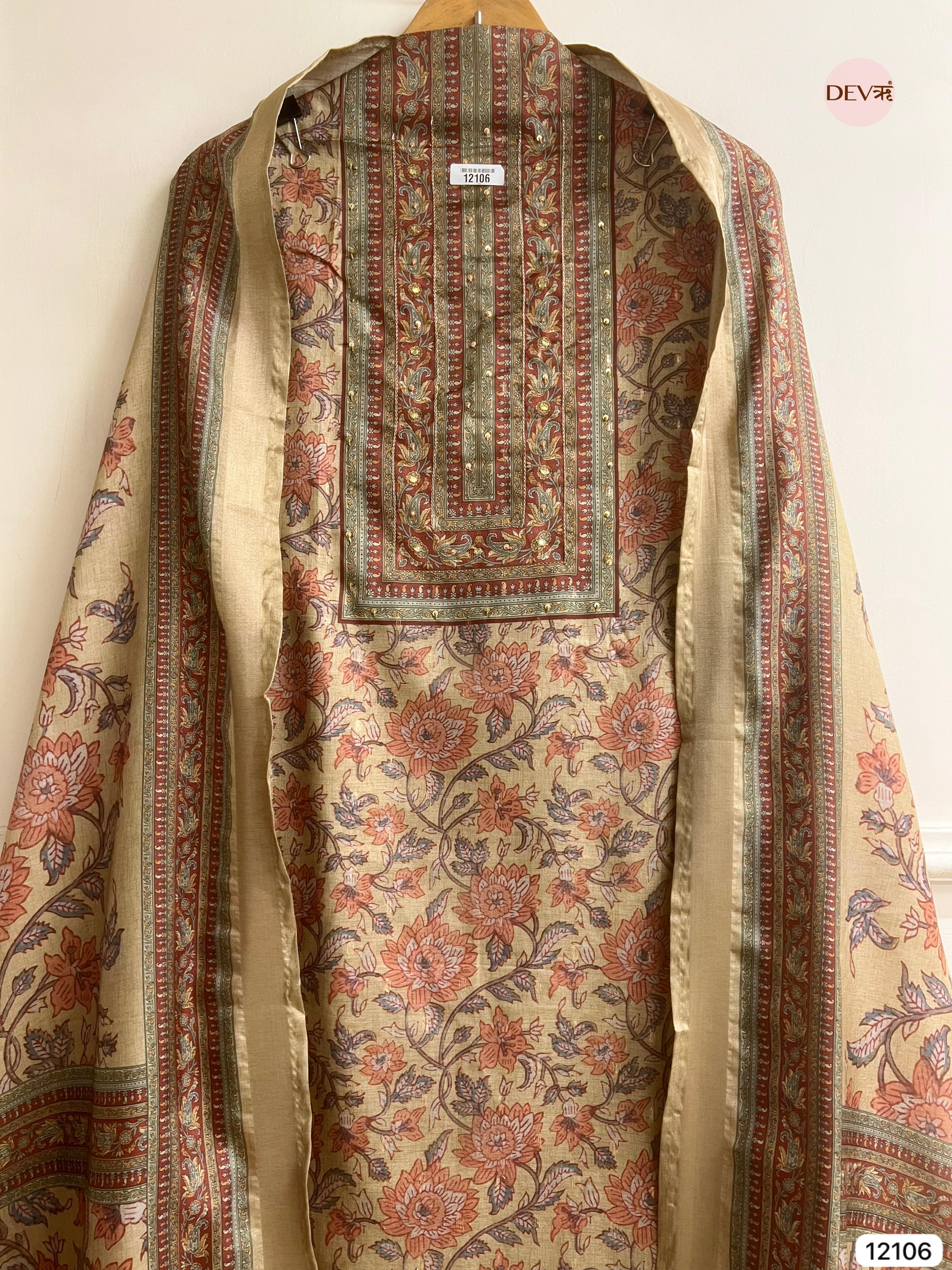 Multi Colour Tisser Khadi Silk Printed Unstitched Hand Embroidered -Set Of 3 - {12106}