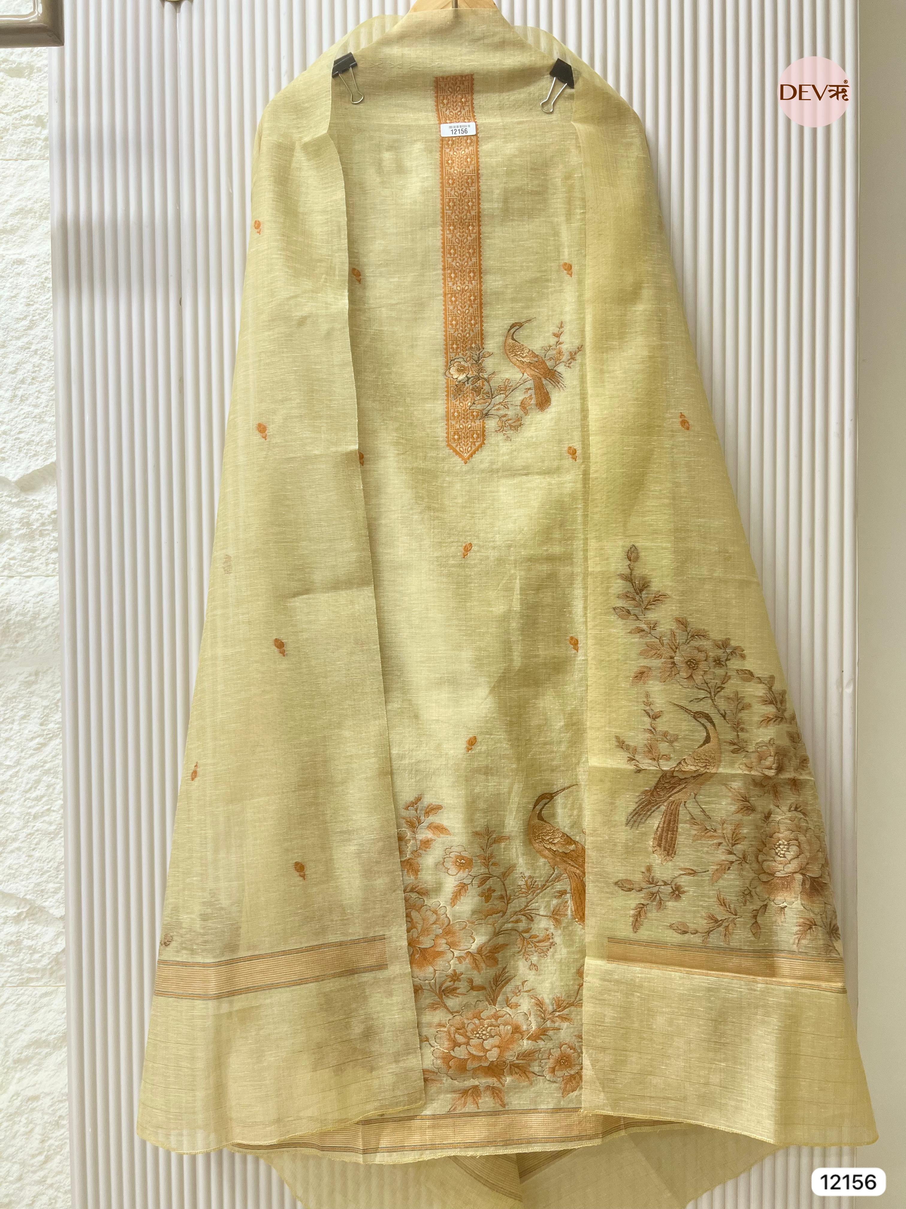 Yellow Pure Jamdani Linen Unstitched - Set Of 3 - {12156}