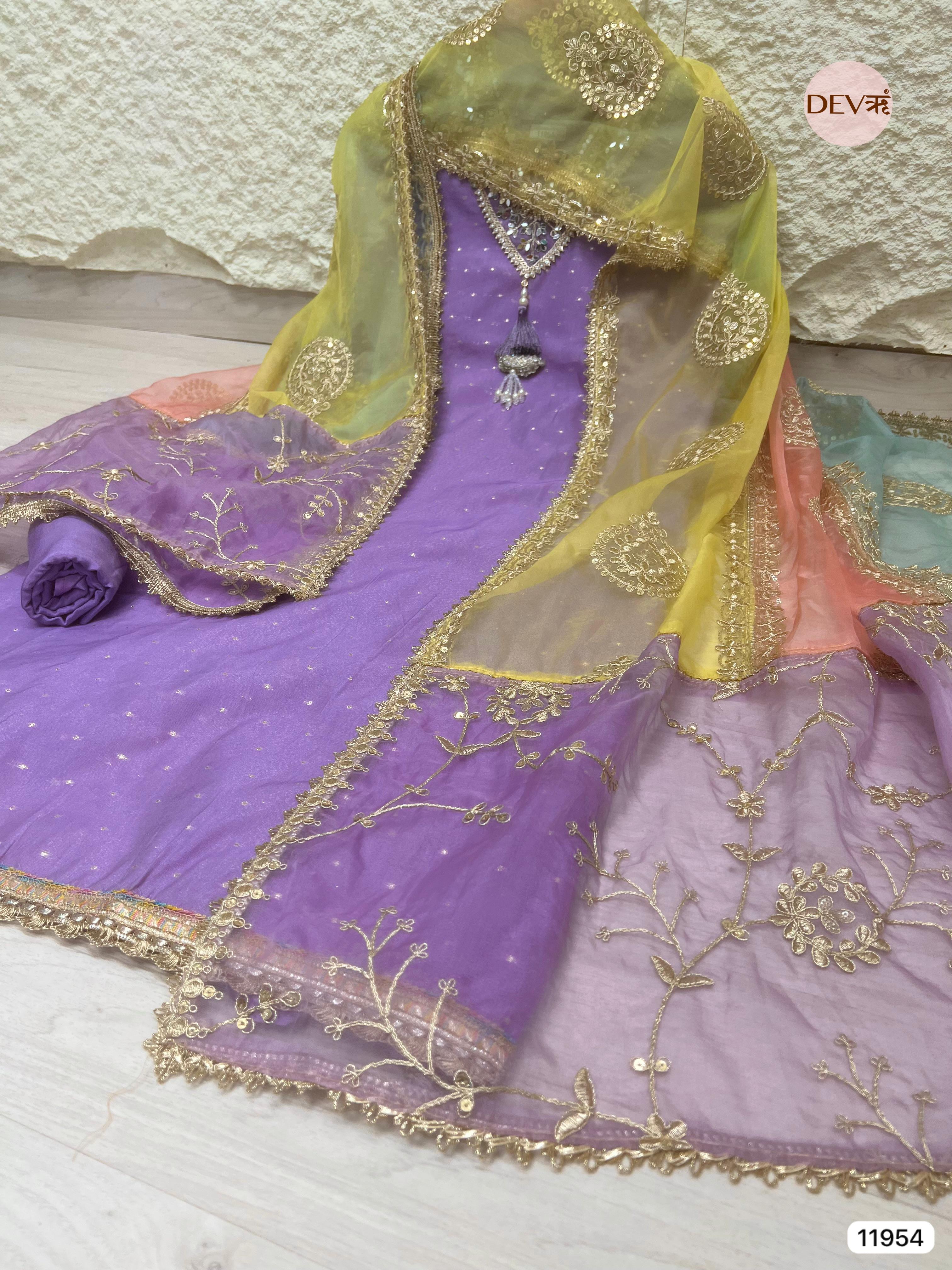 Purple Pure Shimmer Tissue Silk Unstitched Hand Embroidered -Set Of 3 - {11954}