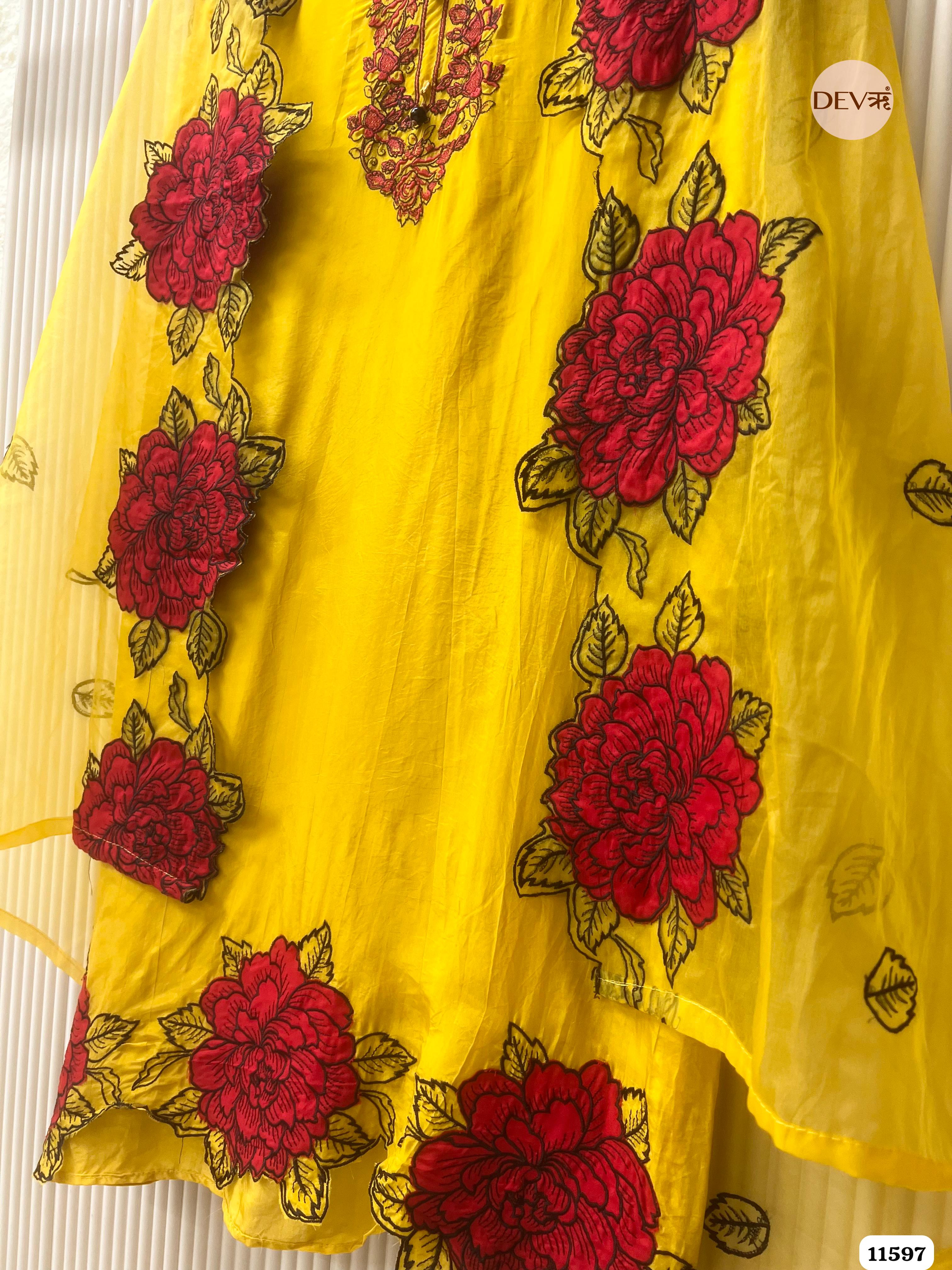 Yellow Organza Unstitched Embroidered -Set Of 3 {11597}