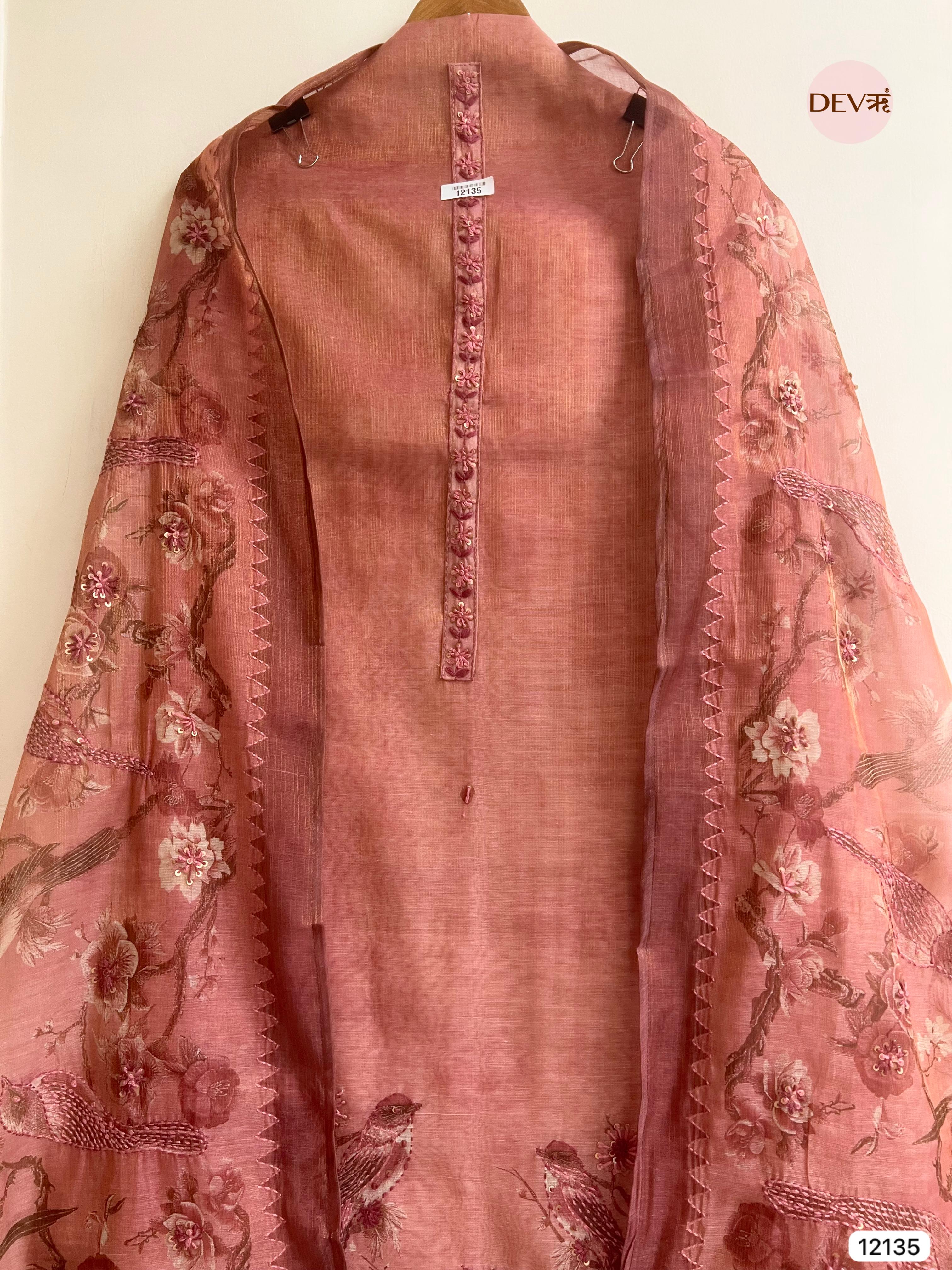 Rust Pure Soft jamdani linen Woven Unstitched -Set Of 3 - {12135}